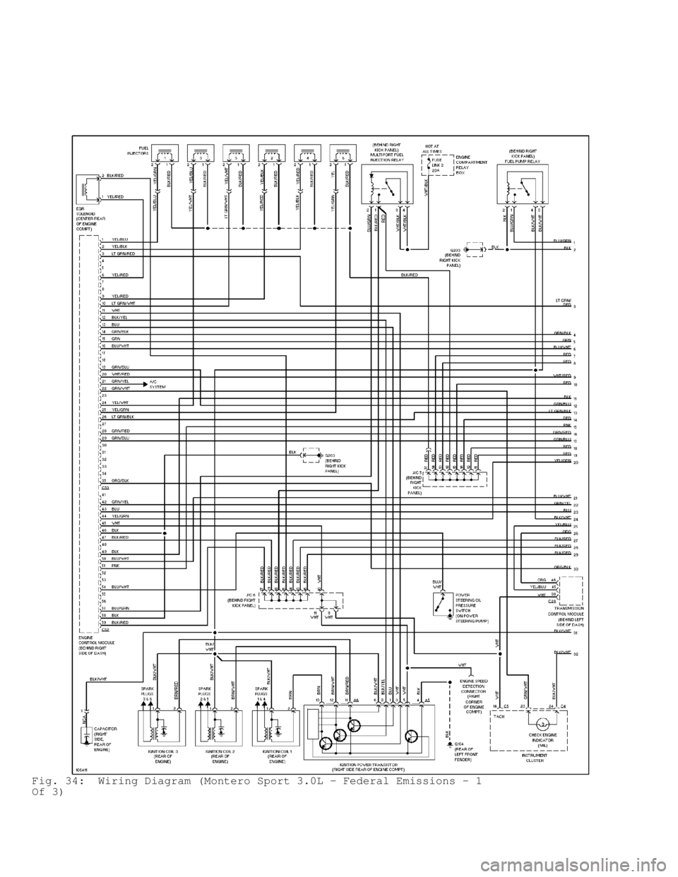 MITSUBISHI MONTERO 1998 Service Manual Fig. 34: Wiring Diagram (Montero Sport 3.0L - Federal Emissions - 1
Of 3) MITSUBISHI MONTERO 1998 Service Manual Fig. 34: Wiring Diagram (Montero Sport 3.0L - Federal Emissions - 1
Of 3)