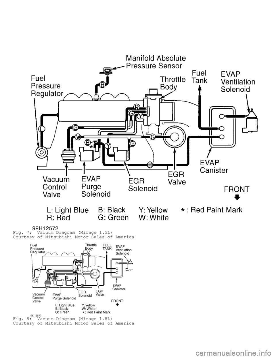 MITSUBISHI MONTERO 1998 Service Manual Fig. 7: Vacuum Diagram (Mirage 1.5L)
Courtesy of Mitsubishi Motor Sales of America
Fig. 8: Vacuum Diagram (Mirage 1.8L)
Courtesy of Mitsubishi Motor Sales of America MITSUBISHI MONTERO 1998 Service Manual Fig. 7: Vacuum Diagram (Mirage 1.5L)
Courtesy of Mitsubishi Motor Sales of America
Fig. 8: Vacuum Diagram (Mirage 1.8L)
Courtesy of Mitsubishi Motor Sales of America