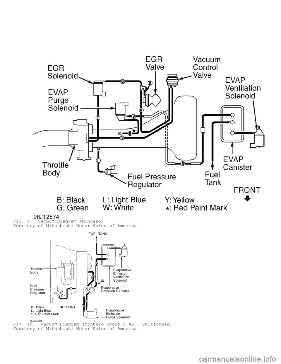 MITSUBISHI MONTERO 1998 Service Manual Fig. 9: Vacuum Diagram (Montero)
Courtesy of Mitsubishi Motor Sales of America
Fig. 10: Vacuum Diagram (Montero Sport 2.4L - California)
Courtesy of Mitsubishi Motor Sales of America MITSUBISHI MONTERO 1998 Service Manual Fig. 9: Vacuum Diagram (Montero)
Courtesy of Mitsubishi Motor Sales of America
Fig. 10: Vacuum Diagram (Montero Sport 2.4L - California)
Courtesy of Mitsubishi Motor Sales of America