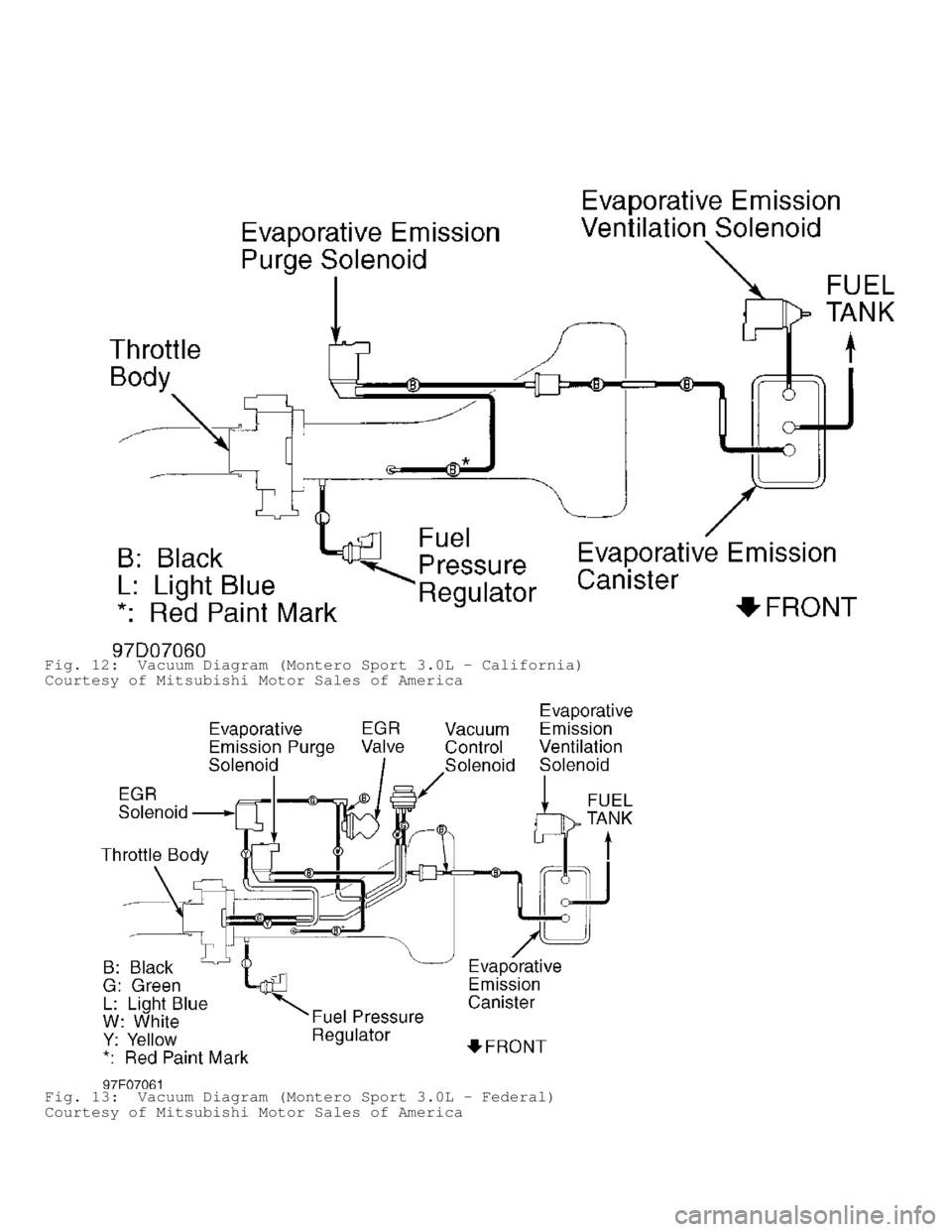 MITSUBISHI MONTERO 1998 Service Manual Fig. 12: Vacuum Diagram (Montero Sport 3.0L - California)
Courtesy of Mitsubishi Motor Sales of America
Fig. 13: Vacuum Diagram (Montero Sport 3.0L - Federal)
Courtesy of Mitsubishi Motor Sales of A MITSUBISHI MONTERO 1998 Service Manual Fig. 12: Vacuum Diagram (Montero Sport 3.0L - California)
Courtesy of Mitsubishi Motor Sales of America
Fig. 13: Vacuum Diagram (Montero Sport 3.0L - Federal)
Courtesy of Mitsubishi Motor Sales of A