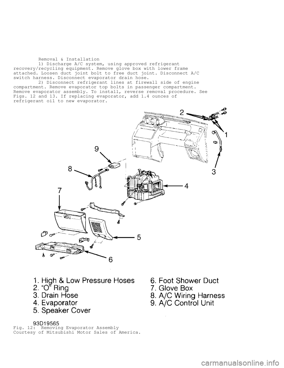 MITSUBISHI MONTERO 1998 Owners Manual          Removal & Installation
         1) Discharge A/C system, using approved refrigerant
recovery/recycling equipment. Remove glove box with lower frame
attached. Loosen duct joint bolt to free du