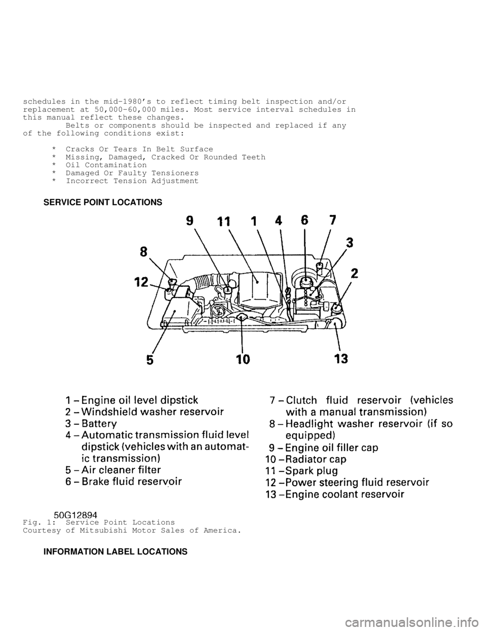 MITSUBISHI MONTERO 1998 Service Manual schedules in the mid-1980s to reflect timing belt inspection and/or
replacement at 50,000-60,000 miles. Most service interval schedules in
this manual reflect these changes.
Belts or compone MITSUBISHI MONTERO 1998 Service Manual schedules in the mid-1980s to reflect timing belt inspection and/or
replacement at 50,000-60,000 miles. Most service interval schedules in
this manual reflect these changes.
Belts or compone
