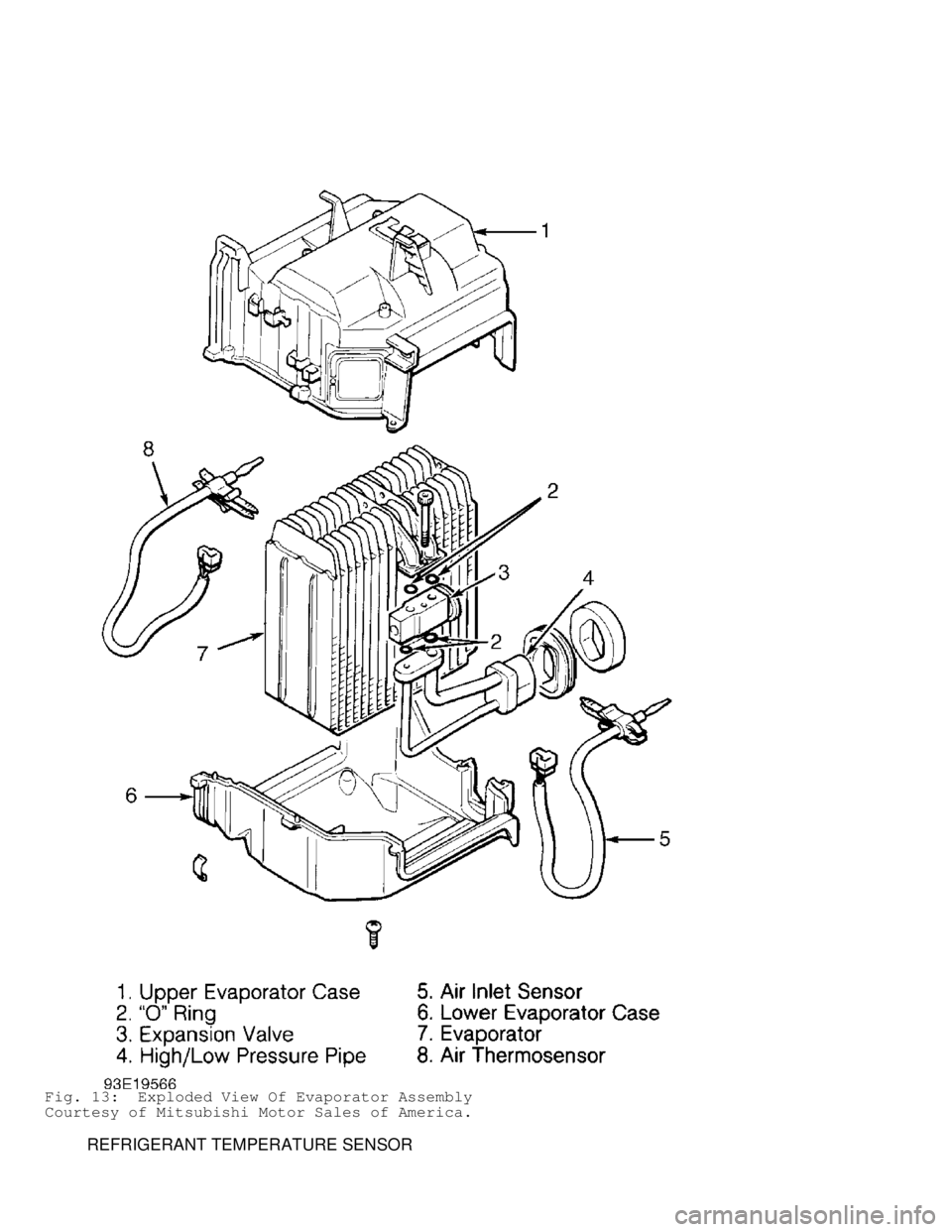 MITSUBISHI MONTERO 1998 Owners Manual Fig. 13: Exploded View Of Evaporator Assembly
Courtesy of Mitsubishi Motor Sales of America.
REFRIGERANT TEMPERATURE SENSOR MITSUBISHI MONTERO 1998 Owners Manual Fig. 13: Exploded View Of Evaporator Assembly
Courtesy of Mitsubishi Motor Sales of America.
REFRIGERANT TEMPERATURE SENSOR