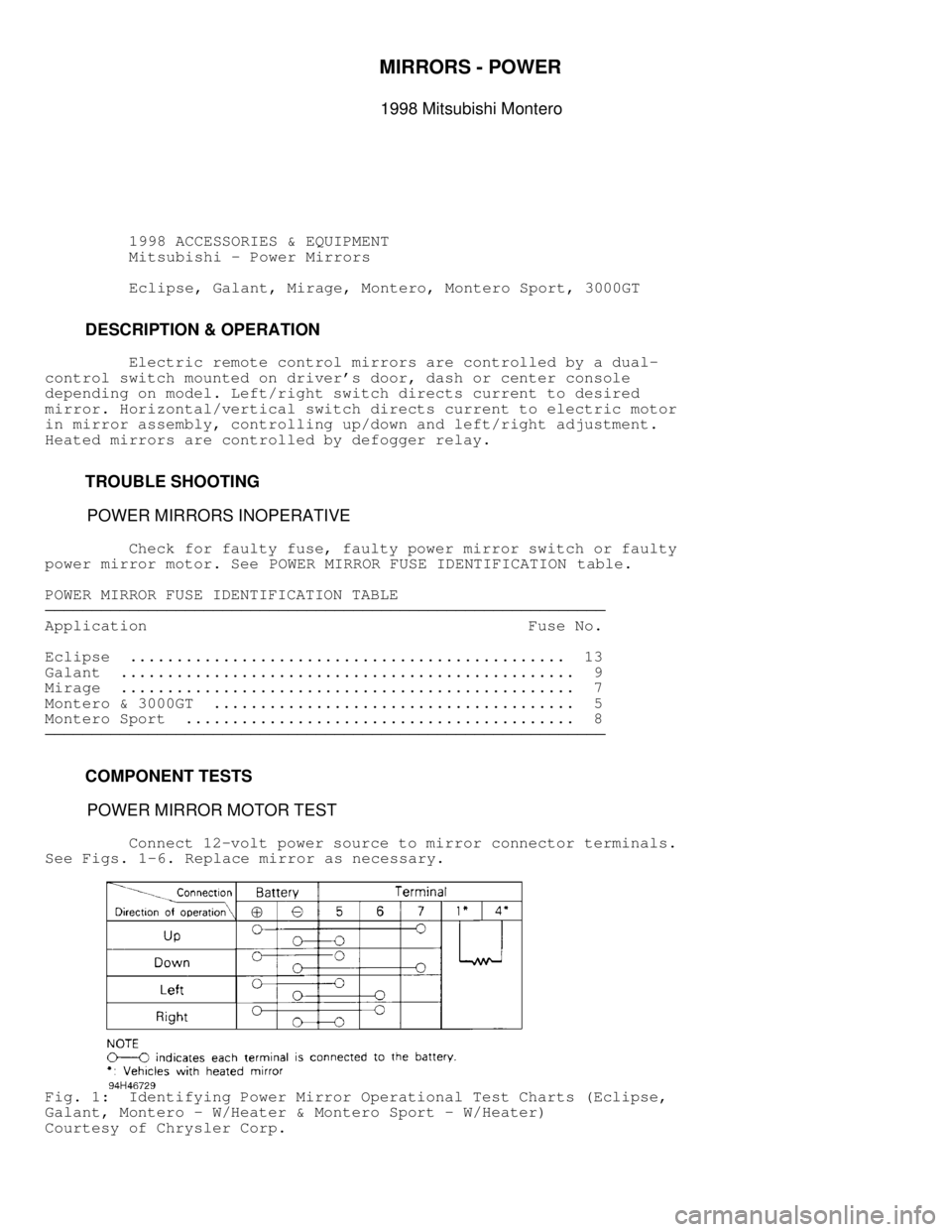 MITSUBISHI MONTERO 1998 Service Manual MIRRORS - POWER
1998 Mitsubishi Montero
1998 ACCESSORIES & EQUIPMENT
Mitsubishi - Power Mirrors
Eclipse, Galant, Mirage, Montero, Montero Sport, 3000GT
DESCRIPTI MITSUBISHI MONTERO 1998 Service Manual MIRRORS - POWER
1998 Mitsubishi Montero
1998 ACCESSORIES & EQUIPMENT
Mitsubishi - Power Mirrors
Eclipse, Galant, Mirage, Montero, Montero Sport, 3000GT
DESCRIPTI