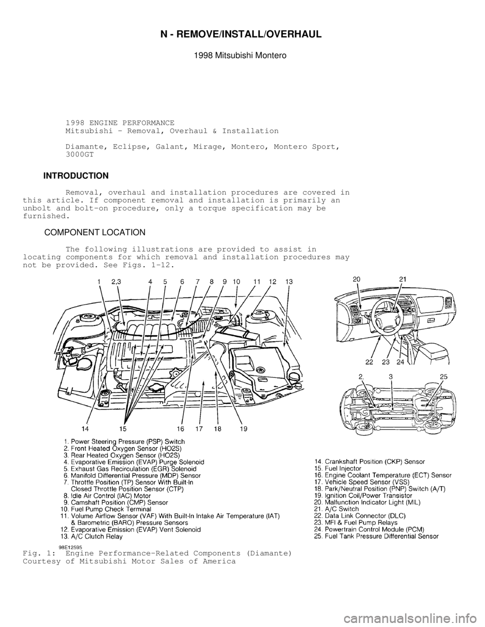 MITSUBISHI MONTERO 1998 Repair Manual N - REMOVE/INSTALL/OVERHAUL 
1998 Mitsubishi Montero
         1998 ENGINE PERFORMANCE
          Mitsubishi - Removal, Overhaul & Installation
          Diamante, Eclipse, Galant, Mirage, Montero, Mont