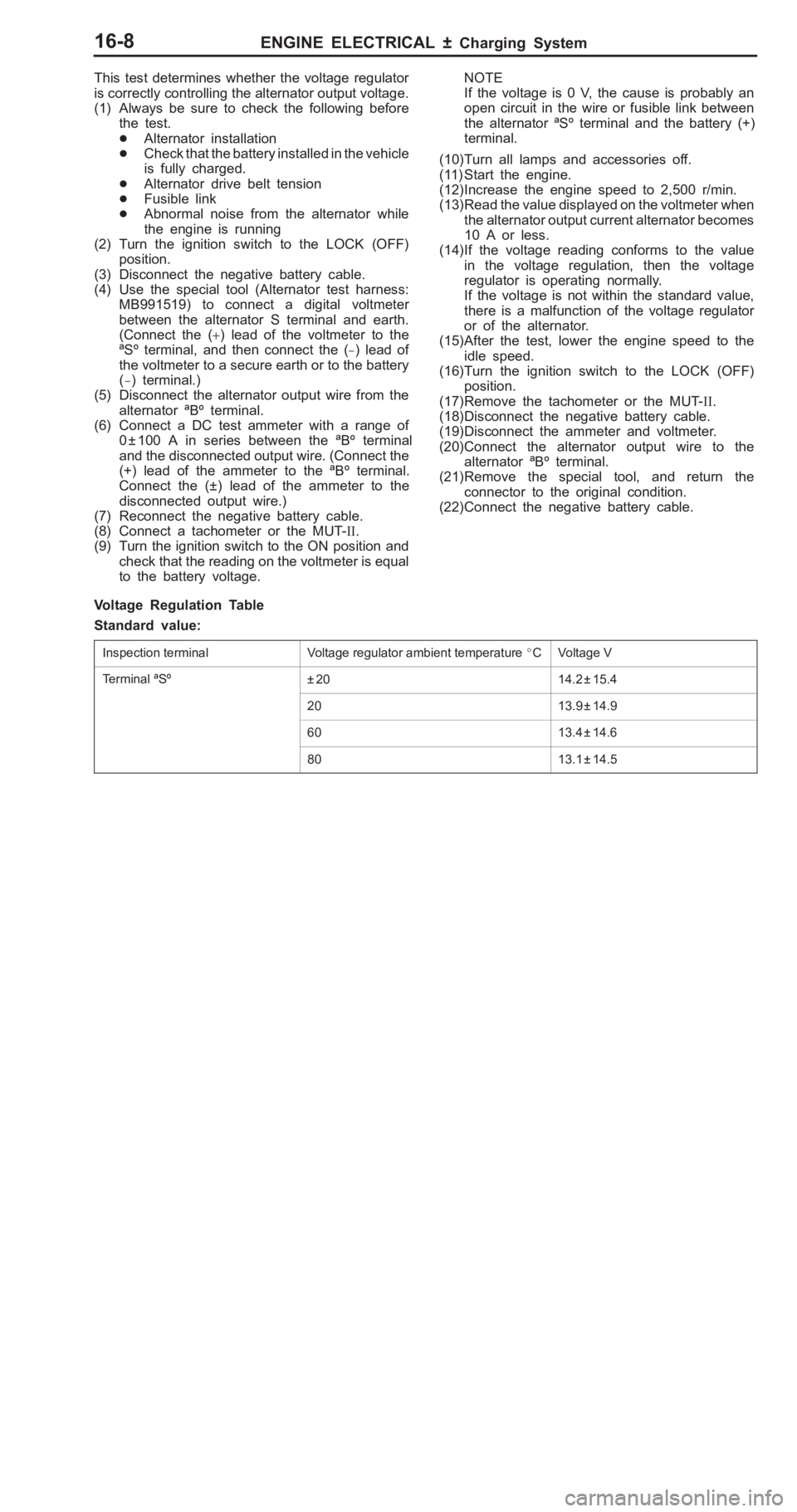 MITSUBISHI PAJERO PININ 2000  Workshop Manual �B
��� � ���� � ���� �� ��� � ��� �
�� �� � �
��� �� �� � C V
olt a ge V T
e rm in al  ª S º ±
20 1
4.2 ± 15.4 2
0 1
3.9 ± 14.9 6
0 1
3.4 ± 14.6 8
0 1
3.1 ± 