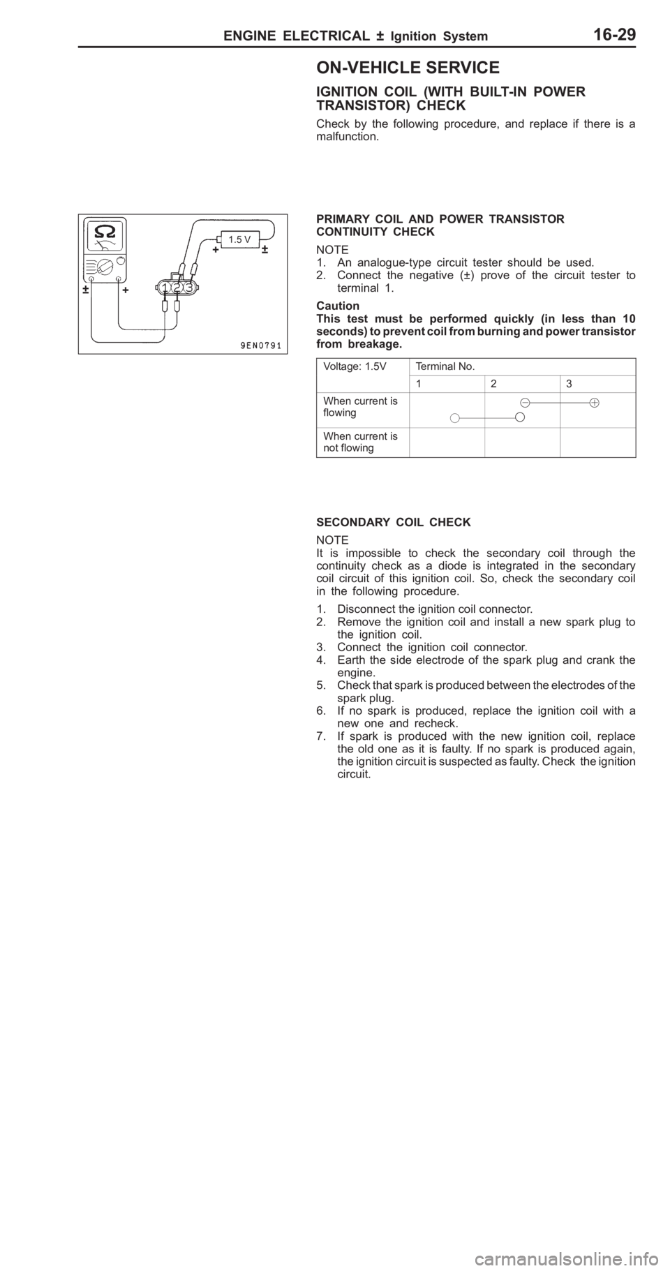 MITSUBISHI PAJERO PININ 2000  Workshop Manual �(
�+�>�: �	�* �� ��	 ��  �	�" �:�� �	
I G NIT IO N  C O IL  ( W IT H  B UIL T -IN  P O W ER
T R ANSIS TO R) C HEC K
C heck  b y  th e  fo llo w in g  p ro ce dure , a nd  r e pla ce  if  th ere