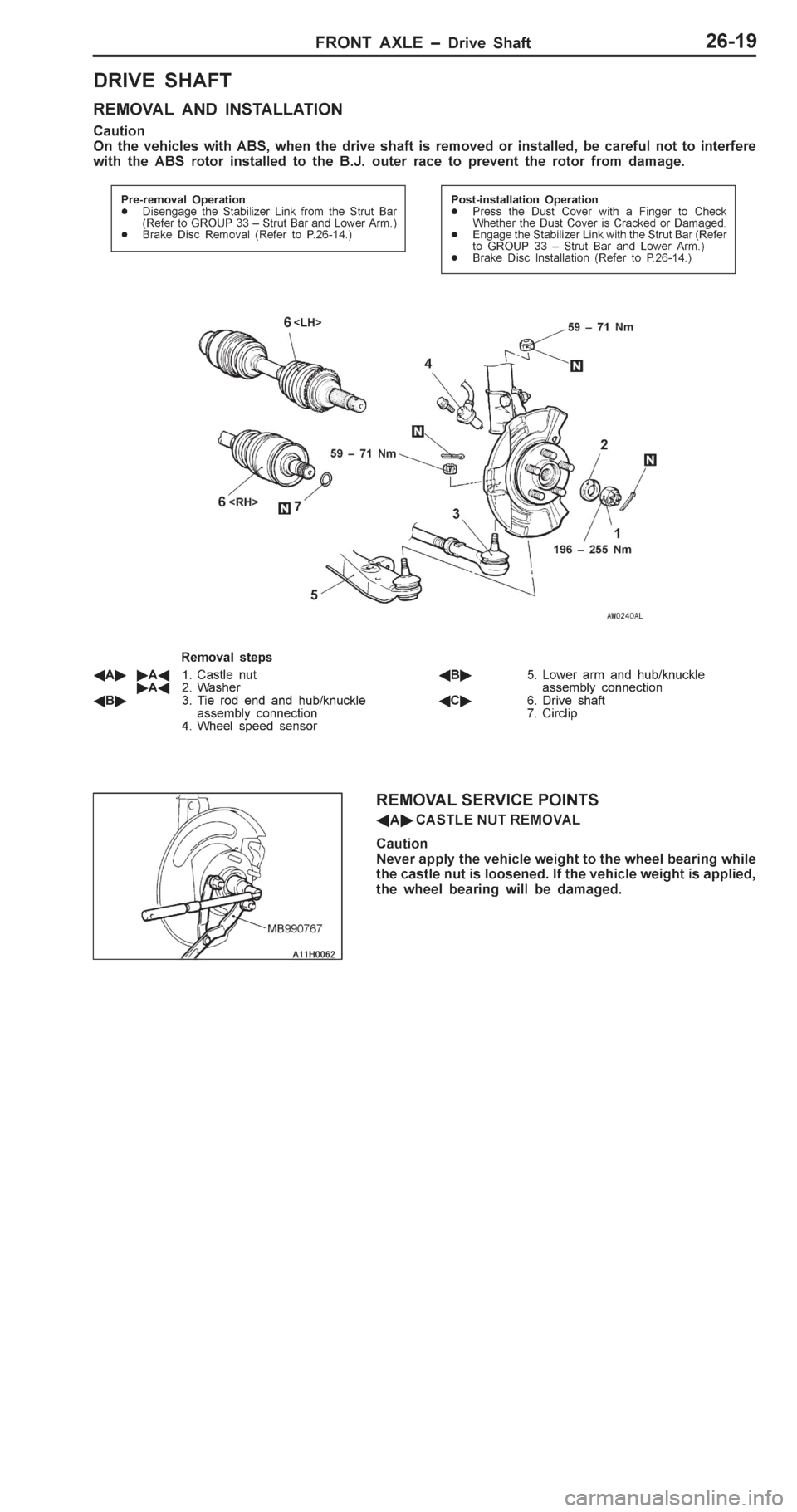 MITSUBISHI PAJERO PININ 2000  Workshop Manual �-
�"��: �	 ��  �* ���
R EM OVA L  A ND  IN STA LLA TIO N
C au tio n
O n t h e  v eh ic le s  w it h  A BS, w hen  t h e  d riv e  s h aft  is  r e m oved  o r in sta lle d , b e  c are fu l n ot