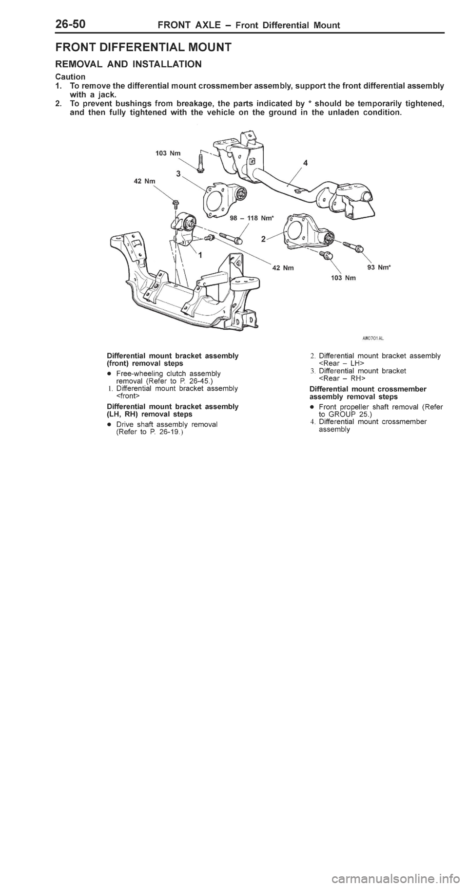 MITSUBISHI PAJERO PININ 2000  Workshop Manual �
�" �( �+���- �� ��	 �" �	�+ ��� ��� �(�,�+�
R EM OVA L  A ND  IN STA LLA TIO N
C au tio n
1 . To  r e m ove t h e d if fe re n tia l  m ount c ro ssm em ber a ssem bly ,  s u pport t h 