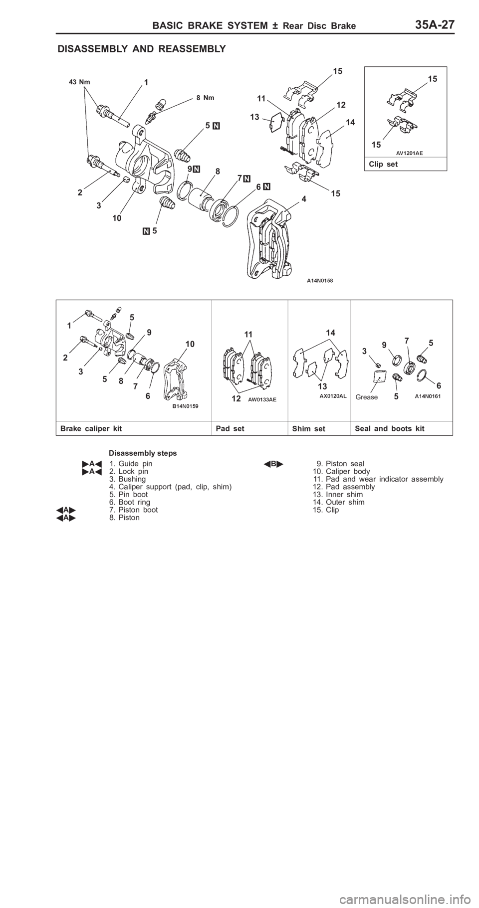 MITSUBISHI PAJERO PININ 2000  Workshop Manual �F
��+ � 1
5
5 P
ad  s et
Seal a n d  b oots  k it 1
3
15
D is assem bly  s te p s
� A 1. G uid e  p in
� A 2. Lock  p in
3 . B ush in g
4 . C alip er s u pport  ( p ad, c lip , s h im )
5 . P in 