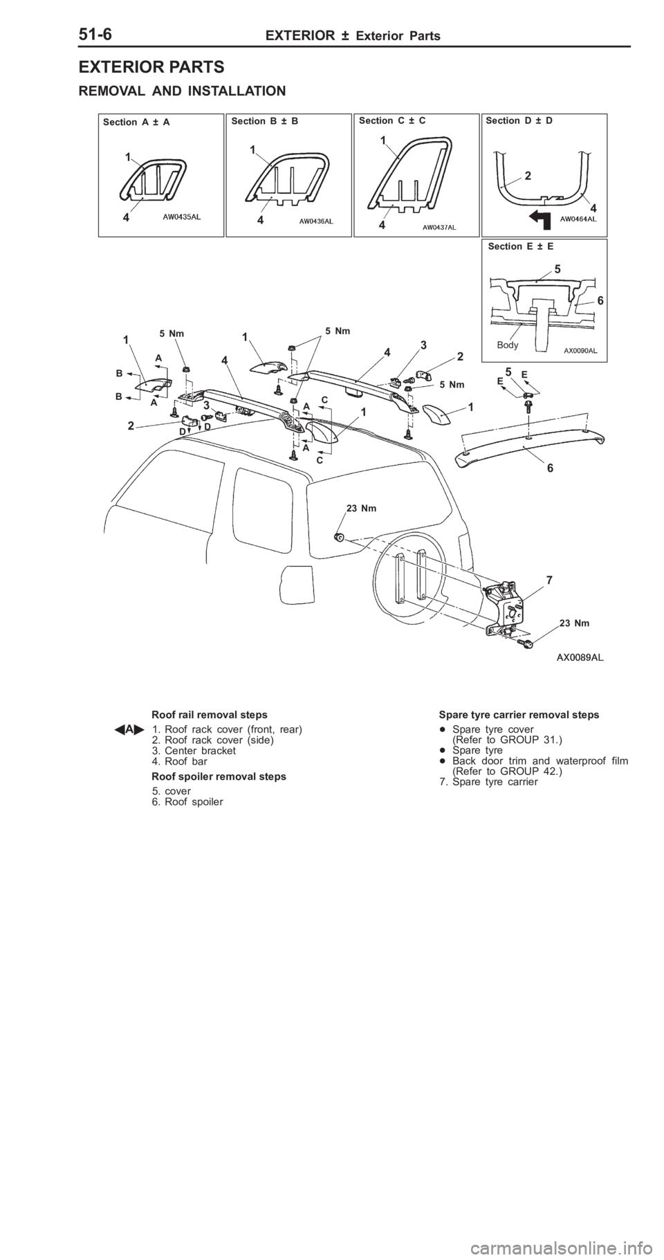 MITSUBISHI PAJERO PININ 2000  Workshop Manual �	
�E��	 �" ��( �"�� � �"�� 
R EM OVA L  A ND  IN STA LLA TIO N S
ectio n  E  ±  E
5
6
B ody
6
7
E
E
R oof r a il  r e m oval  s te p s
 A� 1. R oof r a ck  c o ve r ( fr o nt,  r e ar)
2 . R 