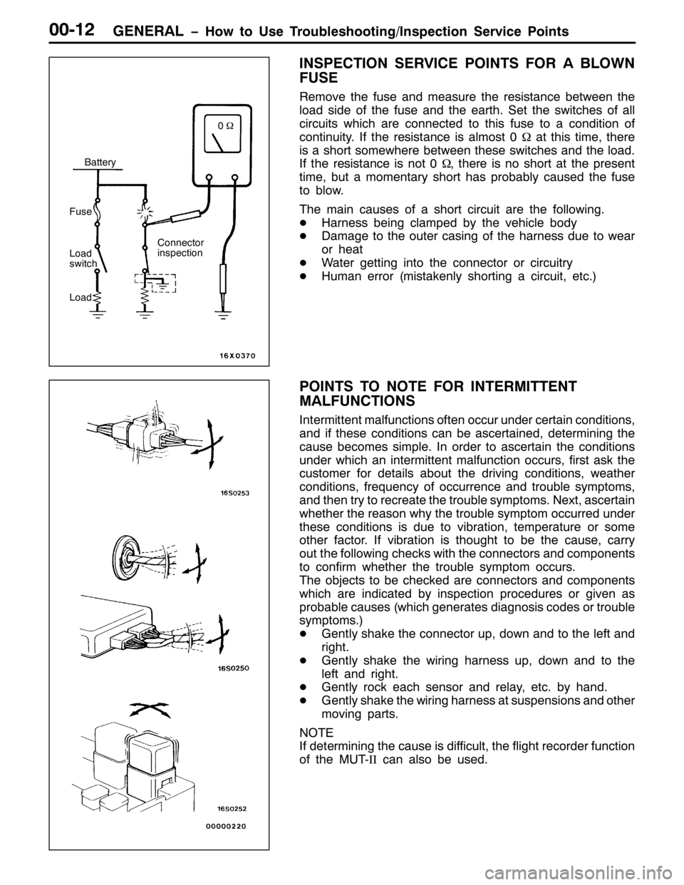 MITSUBISHI PAJERO SPORT 1998 User Guide *(1(5$/ ï+RZ WR 8VH 7URXEOHVKRRWLQJ2,QVSHFWLRQ 6HUYLFH 3RLQWV33045
,163(&7,21 6(59,&( 32,176 )25 $ %/2:1
)86(
5HPRYH WKH IXVH DQG PHDVXUH WKH UHVLVWDQFH EHWZHHQ WKH
ORDG VLGH RI WKH IXVH DQG WKH HDUW MITSUBISHI PAJERO SPORT 1998 User Guide *(1(5$/ ï+RZ WR 8VH 7URXEOHVKRRWLQJ2,QVSHFWLRQ 6HUYLFH 3RLQWV33045
,163(&7,21 6(59,&( 32,176 )25 $ %/2:1
)86(
5HPRYH WKH IXVH DQG PHDVXUH WKH UHVLVWDQFH EHWZHHQ WKH
ORDG VLGH RI WKH IXVH DQG WKH HDUW