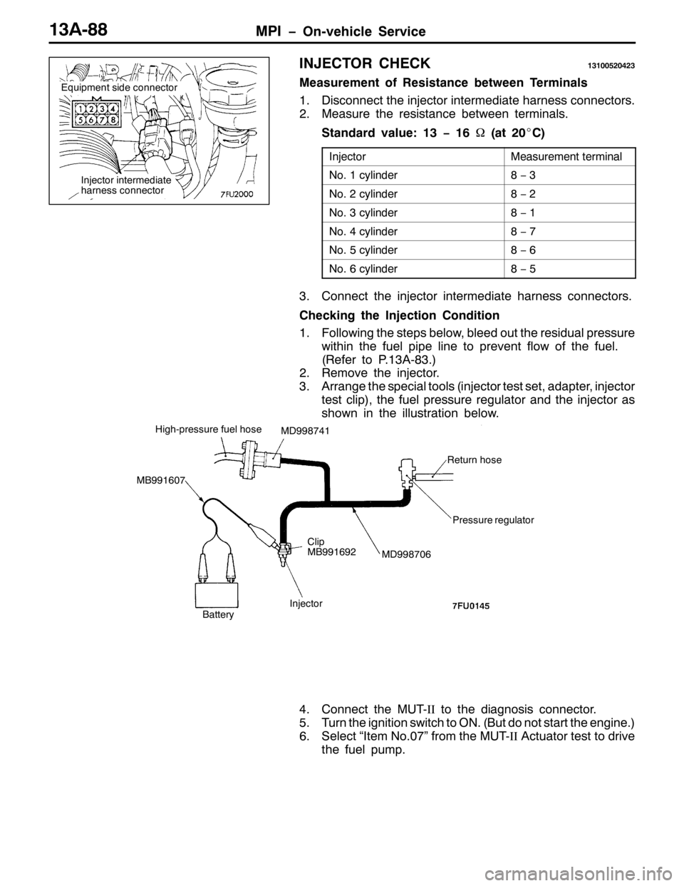 MITSUBISHI PAJERO SPORT 1998 Workshop Manual 03, ï2Q0YHKLFOH 6HUYLFH46$0;;
,1-(&725 &+(&.46433853756
0HDVXUHPHQW RI 5HVLVWDQFH EHWZHHQ 7HUPLQDOV
41LVFRQQHFW WKH LQMHFWRU LQWHUPHGLDWH KDUQHVV FRQQHFWRUV1
510HDVXUH WKH UHVLVWDQFH EHWZHHQ WHUPLQD MITSUBISHI PAJERO SPORT 1998 Workshop Manual 03, ï2Q0YHKLFOH 6HUYLFH46$0;;
,1-(&725 &+(&.46433853756
0HDVXUHPHQW RI 5HVLVWDQFH EHWZHHQ 7HUPLQDOV
41LVFRQQHFW WKH LQMHFWRU LQWHUPHGLDWH KDUQHVV FRQQHFWRUV1
510HDVXUH WKH UHVLVWDQFH EHWZHHQ WHUPLQD