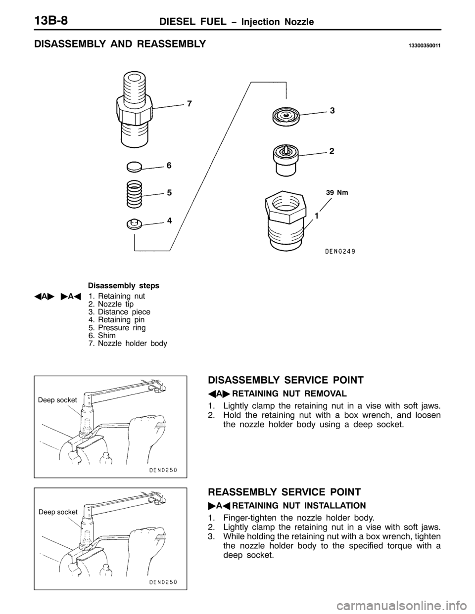 MITSUBISHI PAJERO SPORT 1998  Workshop Manual ,(6(/ )8(/ ï,QMHFWLRQ 1R]]OH46%0;
,6$66(0%/< $1 5($66(0%/<46633683344
6<1P
456
7 8 9:
LVDVVHPEO\ VWHSV
*
$òò
$*415HWDLQLQJ QXW
511R]]OH WLS
61LVWDQFH SLHFH
715HWDLQLQJ SLQ
813UHVVXUH ULQJ
916K