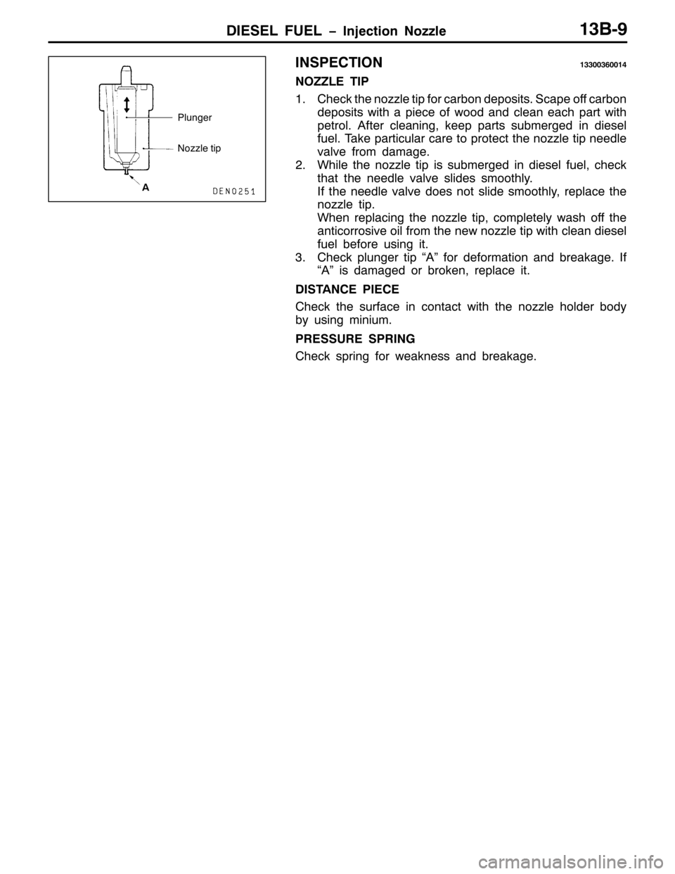 MITSUBISHI PAJERO SPORT 1998  Workshop Manual ,(6(/ )8(/ ï,QMHFWLRQ 1R]]OH46%0<
,163(&7,2146633693347
12==/( 7,3
41&KHFN WKH QR]]OH WLS IRU FDUERQ GHSRVLWV16FDSH RII FDUERQ
GHSRVLWV ZLWK D SLHFH RI ZRRG DQG FOHDQ HDFK SDUW ZLWK
SHWURO1$IWHU FOH