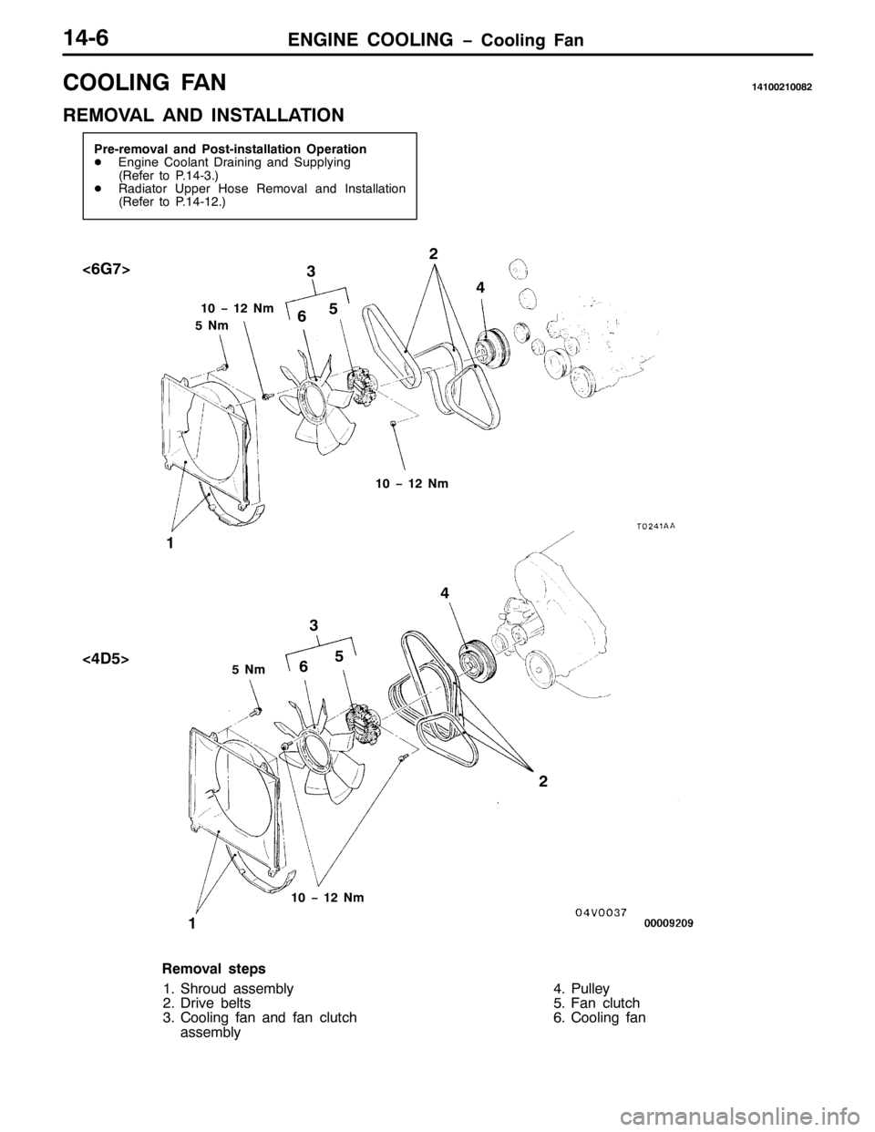 MITSUBISHI PAJERO SPORT 1998 Workshop Manual (1*,1( &22/,1* ï&RROLQJ )DQ4709
&22/,1* )$1474335433;5
5(029$/ $1 ,167$//$7,21
3UH0UHPRYDO DQG 3RVW0LQVWDOODWLRQ 2SHUDWLRQ
-(QJLQH &RRODQW UDLQLQJ DQG 6XSSO\LQJ
+5HIHU WR 3147061,
-5DGLDWRU 8SSHU + MITSUBISHI PAJERO SPORT 1998 Workshop Manual (1*,1( &22/,1* ï&RROLQJ )DQ4709
&22/,1* )$1474335433;5
5(029$/ $1 ,167$//$7,21
3UH0UHPRYDO DQG 3RVW0LQVWDOODWLRQ 2SHUDWLRQ
-(QJLQH &RRODQW UDLQLQJ DQG 6XSSO\LQJ
+5HIHU WR 3147061,
-5DGLDWRU 8SSHU +