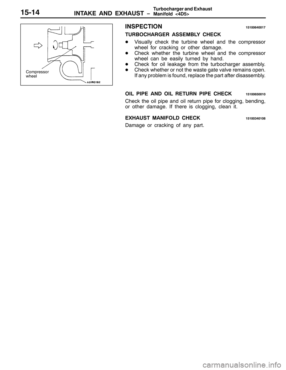 MITSUBISHI PAJERO SPORT 1998 Workshop Manual ,17$.( $1 (;+$867 ï
7XUERFKDUJHU DQG ([KDXVW
0DQLIROG?78!48047
,163(&7,214843397334:
785%2&+$5*(5 $66(0%/< &+(&.
-9LVXDOO\ FKHFN WKH WXUELQH ZKHHO DQG WKH FRPSUHVVRU
ZKHHO IRU FUDFNLQJ RU RWKHU GDP MITSUBISHI PAJERO SPORT 1998 Workshop Manual ,17$.( $1 (;+$867 ï
7XUERFKDUJHU DQG ([KDXVW
0DQLIROG?78!48047
,163(&7,214843397334:
785%2&+$5*(5 $66(0%/< &+(&.
-9LVXDOO\ FKHFN WKH WXUELQH ZKHHO DQG WKH FRPSUHVVRU
ZKHHO IRU FUDFNLQJ RU RWKHU GDP
