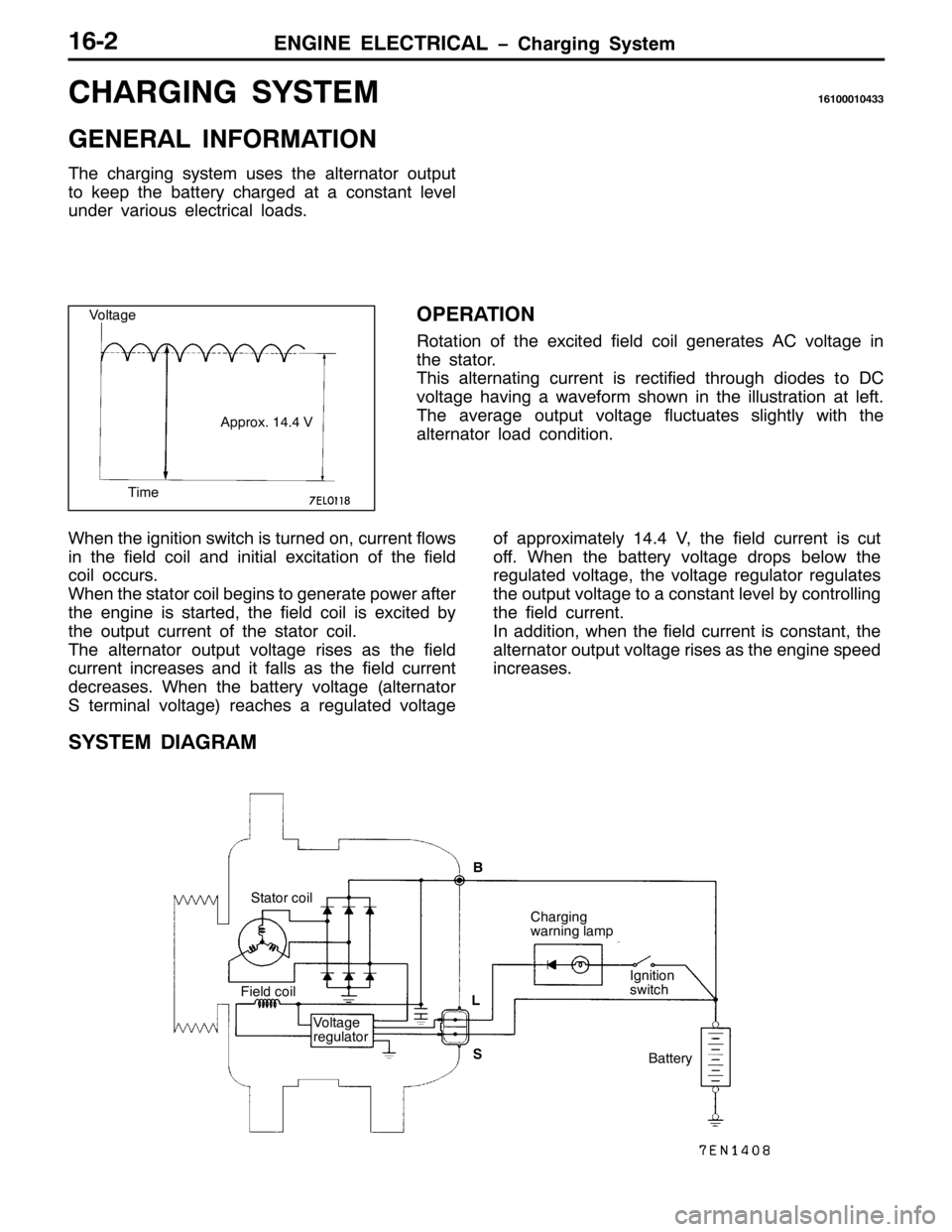 MITSUBISHI PAJERO SPORT 1998  Workshop Manual (1*,1( (/(&75,&$/ ï&KDUJLQJ 6\VWHP4905
&+$5*,1* 6<67(049433343766
*(1(5$/ ,1)250$7,21
7KH FKDUJLQJ V\VWHP XVHV WKH DOWHUQDWRU RXWSXW
WR NHHS WKH EDWWHU\ FKDUJHG DW D FRQVWDQW OHYHO
XQGHU YDULRXV HOHF