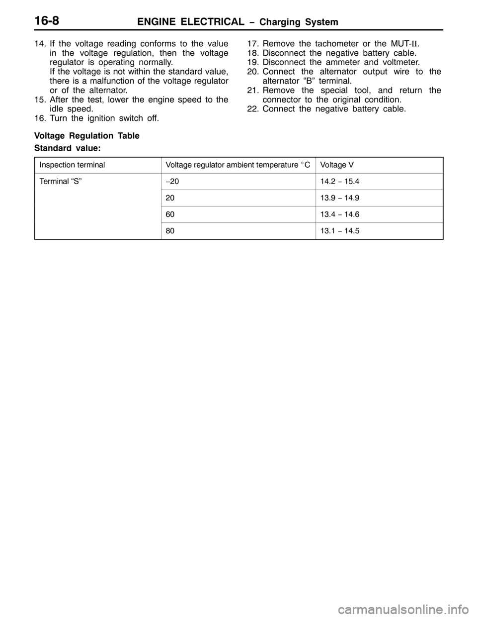 MITSUBISHI PAJERO SPORT 1998  Workshop Manual (1*,1( (/(&75,&$/ ï&KDUJLQJ 6\VWHP490;
471,I WKH YROWDJH UHDGLQJ FRQIRUPV WR WKH YDOXH
LQ WKH YROWDJH UHJXODWLRQ/WKHQ WKH YROWDJH
UHJXODWRU LV RSHUDWLQJ QRUPDOO\1
,I WKH YROWDJH LV QRW ZLWKLQ WKH VWD