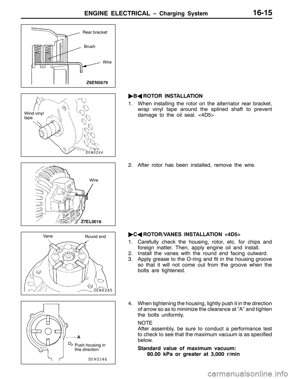 MITSUBISHI PAJERO SPORT 1998  Workshop Manual (1*,1( (/(&75,&$/ ï&KDUJLQJ 6\VWHP49048
ò
%*
52725 ,167$//$7,21
41:KHQ LQVWDOOLQJ WKH URWRU RQ WKH DOWHUQDWRU UHDU EUDFNHW/
ZUDS YLQ\O WDSH DURXQG WKH VSOLQHG VKDIW WR SUHYHQW
GDPDJH WR WKH RLO VHDO