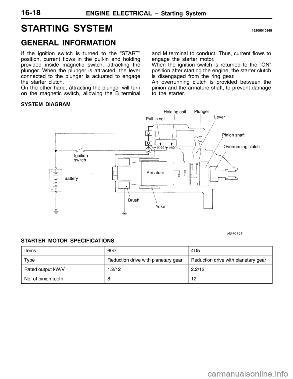 MITSUBISHI PAJERO SPORT 1998  Workshop Manual (1*,1( (/(&75,&$/ ï6WDUWLQJ 6\VWHP4904;
67$57,1* 6<67(04953334369;
*(1(5$/ ,1)250$7,21
,I WKH LJQLWLRQ VZLWFK LV WXUQHG WR WKH ´67$57µ
SRVLWLRQ/FXUUHQW IORZV LQ WKH SXOO0LQ DQG KROGLQJ
SURYLGHG LQV