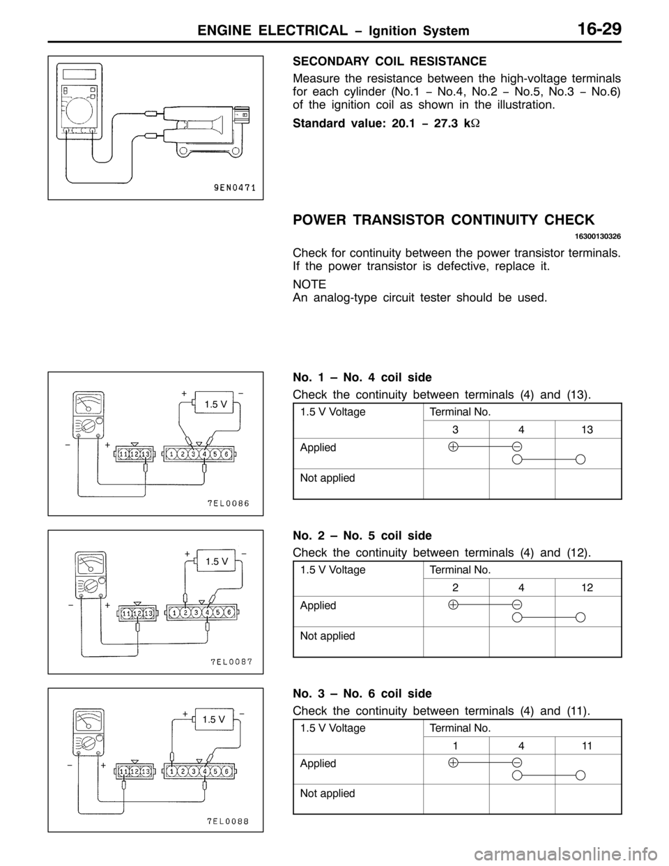 MITSUBISHI PAJERO SPORT 1998 Workshop Manual (1*,1( (/(&75,&$/ ï,JQLWLRQ 6\VWHP4905<
6(&21$5< &2,/ 5(6,67$1&(
0HDVXUH WKH UHVLVWDQFH EHWZHHQ WKH KLJK0YROWDJH WHUPLQDOV
IRU HDFK F\OLQGHU+1R14ï1R17/1R15ï1R18/1R16ï1R19,
RI WKH LJQLWLRQ FRLO DV MITSUBISHI PAJERO SPORT 1998 Workshop Manual (1*,1( (/(&75,&$/ ï,JQLWLRQ 6\VWHP4905<
6(&21$5< &2,/ 5(6,67$1&(
0HDVXUH WKH UHVLVWDQFH EHWZHHQ WKH KLJK0YROWDJH WHUPLQDOV
IRU HDFK F\OLQGHU+1R14ï1R17/1R15ï1R18/1R16ï1R19,
RI WKH LJQLWLRQ FRLO DV