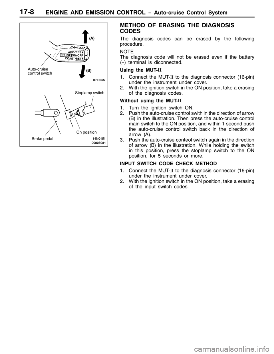 MITSUBISHI PAJERO SPORT 1998 Workshop Manual (1*,1( $1 (0,66,21 &21752/ ï$XWR0FUXLVH &RQWURO 6\VWHP4:0;
0(7+2 2) (5$6,1* 7+( ,$*126,6
&2(6
7KH GLDJQRVLV FRGHV FDQ EH HUDVHG E\ WKH IROORZLQJ
SURFHGXUH1
127(
7KH GLDJQRVLV FRGHZLOO QRW EH HUDV MITSUBISHI PAJERO SPORT 1998 Workshop Manual (1*,1( $1 (0,66,21 &21752/ ï$XWR0FUXLVH &RQWURO 6\VWHP4:0;
0(7+2 2) (5$6,1* 7+( ,$*126,6
&2(6
7KH GLDJQRVLV FRGHV FDQ EH HUDVHG E\ WKH IROORZLQJ
SURFHGXUH1
127(
7KH GLDJQRVLV FRGHZLOO QRW EH HUDV