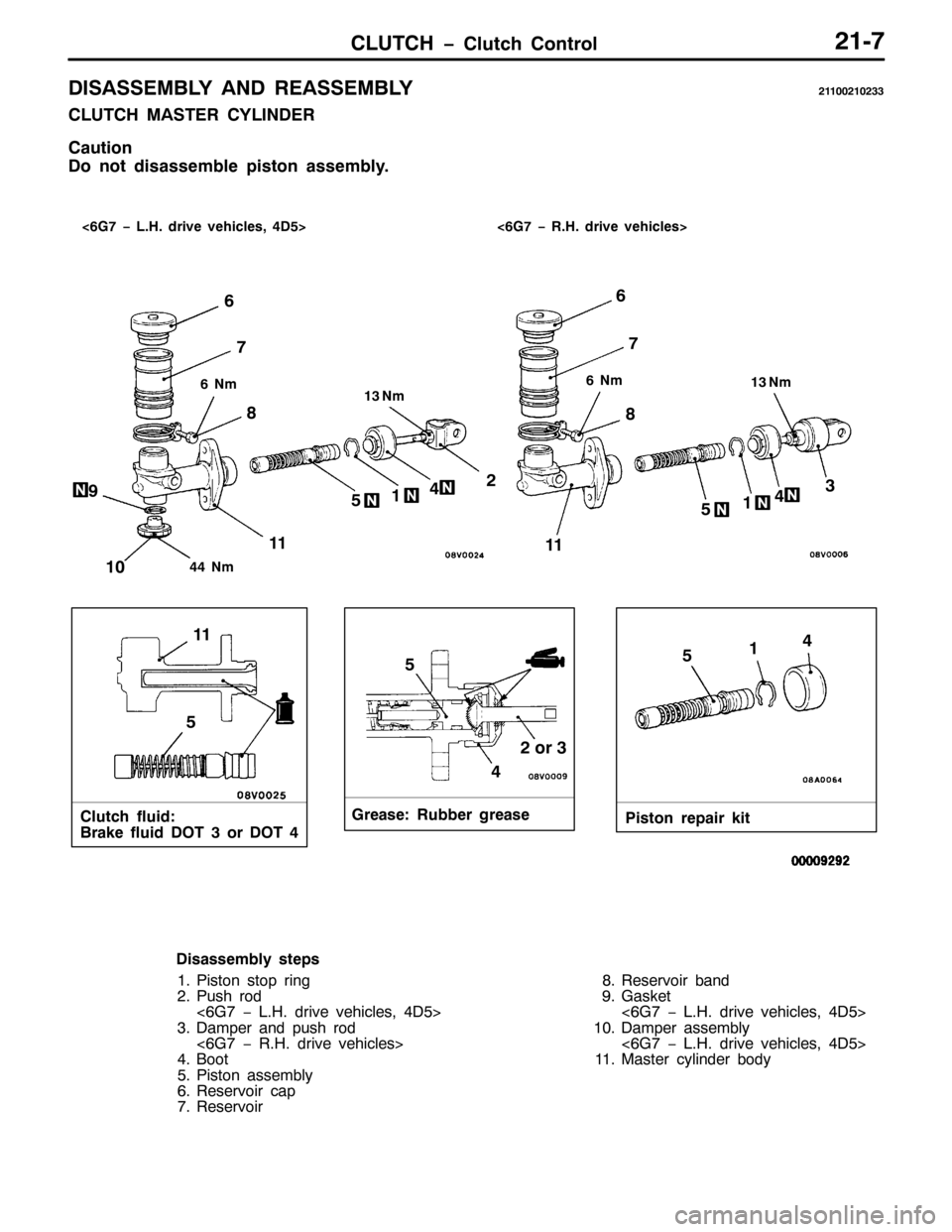 MITSUBISHI PAJERO SPORT 1998 Workshop Manual &/87&+ ï&OXWFK &RQWURO540:
,6$66(0%/< $1 5($66(0%/<54433543566
&/87&+ 0$67(5 &</,1(5
&DXWLRQ
R QRW GLVDVVHPEOH SLVWRQ DVVHPEO\1
&OXWFK IOXLG=
%UDNH IOXLG 276RU 277*UHDVH=5XEEHU JUHDVH
3LVWRQ UH MITSUBISHI PAJERO SPORT 1998 Workshop Manual &/87&+ ï&OXWFK &RQWURO540:
,6$66(0%/< $1 5($66(0%/<54433543566
&/87&+ 0$67(5 &</,1(5
&DXWLRQ
R QRW GLVDVVHPEOH SLVWRQ DVVHPEO\1
&OXWFK IOXLG=
%UDNH IOXLG 276RU 277*UHDVH=5XEEHU JUHDVH
3LVWRQ UH