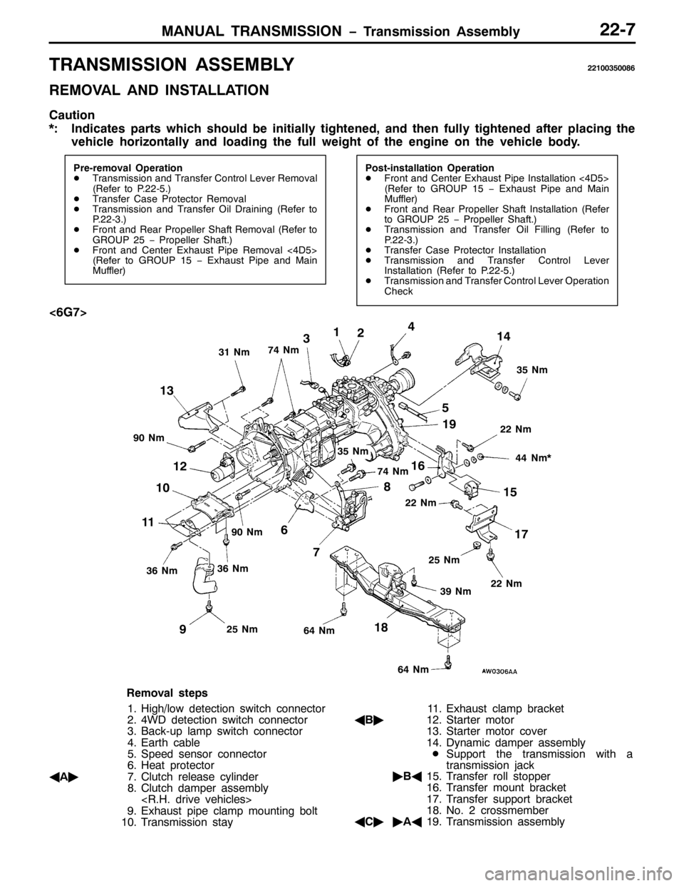MITSUBISHI PAJERO SPORT 1998 Workshop Manual 0$18$/ 75$160,66,21 ï7UDQVPLVVLRQ $VVHPEO\550:
75$160,66,21 $66(0%/<554336833;9
5(029$/ $1 ,167$//$7,21
&DXWLRQ
-=,QGLFDWHV SDUWV ZKLFK VKRXOG EH LQLWLDOO\ WLJKWHQHG/DQG WKHQ IXOO\ WLJKWHQHG DIWHU S MITSUBISHI PAJERO SPORT 1998 Workshop Manual 0$18$/ 75$160,66,21 ï7UDQVPLVVLRQ $VVHPEO\550:
75$160,66,21 $66(0%/<554336833;9
5(029$/ $1 ,167$//$7,21
&DXWLRQ
-=,QGLFDWHV SDUWV ZKLFK VKRXOG EH LQLWLDOO\ WLJKWHQHG/DQG WKHQ IXOO\ WLJKWHQHG DIWHU S