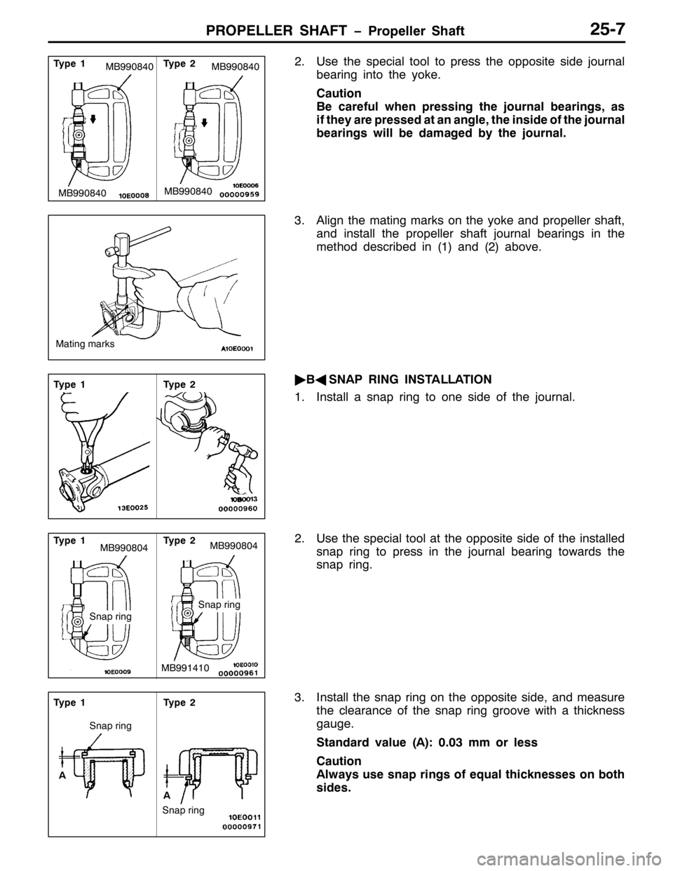 MITSUBISHI PAJERO SPORT 1998 Workshop Manual 3523(//(5 6+$)7 ï3URSHOOHU 6KDIW580:
518VH WKH VSHFLDO WRRO WR SUHVV WKH RSSRVLWH VLGH MRXUQDO
EHDULQJ LQWR WKH \RNH1
&DXWLRQ
%H FDUHIXO ZKHQ SUHVVLQJ WKH MRXUQDO EHDULQJV/DV
LI WKH\ DUH SUHVVHG DW D MITSUBISHI PAJERO SPORT 1998 Workshop Manual 3523(//(5 6+$)7 ï3URSHOOHU 6KDIW580:
518VH WKH VSHFLDO WRRO WR SUHVV WKH RSSRVLWH VLGH MRXUQDO
EHDULQJ LQWR WKH \RNH1
&DXWLRQ
%H FDUHIXO ZKHQ SUHVVLQJ WKH MRXUQDO EHDULQJV/DV
LI WKH\ DUH SUHVVHG DW D
