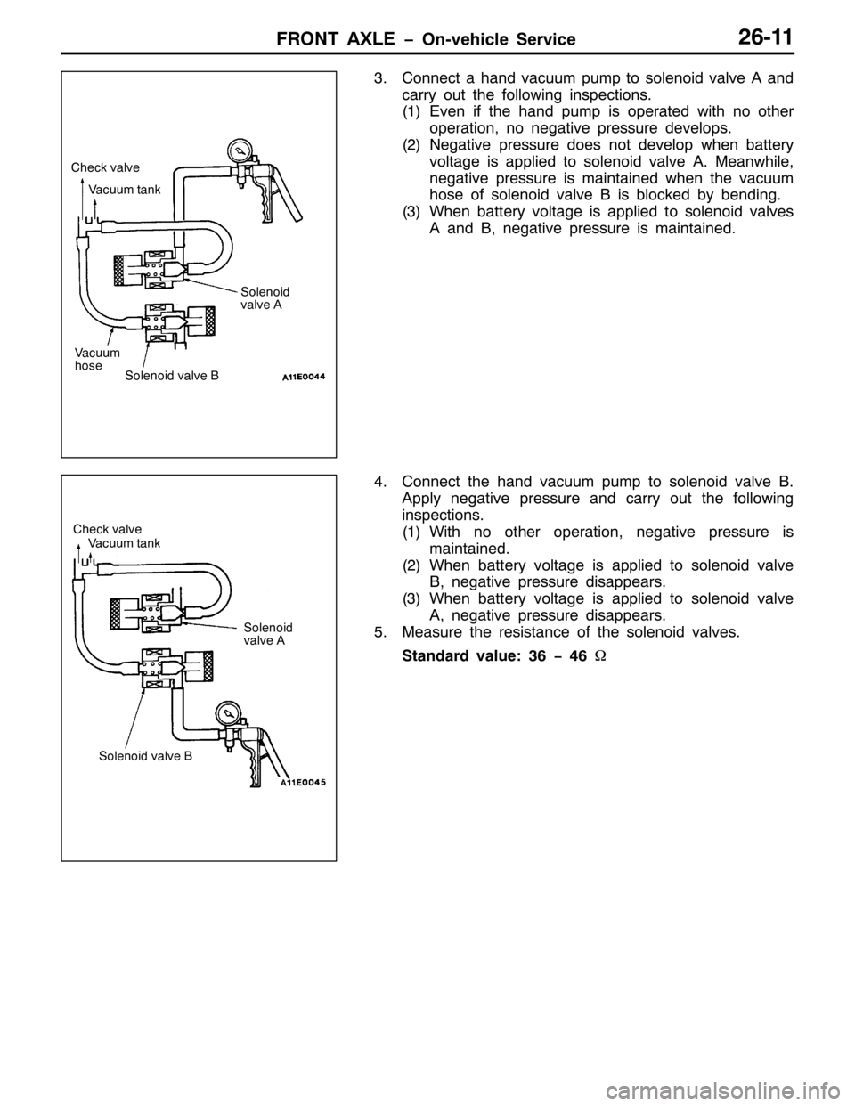 MITSUBISHI PAJERO SPORT 1998  Workshop Manual )5217 $;/( ï2Q0YHKLFOH 6HUYLFH59044
61&RQQHFW D KDQG YDFXXP SXPS WR VROHQRLG YDOYH $ DQG
FDUU\ RXW WKH IROORZLQJ LQVSHFWLRQV1
+4,(YHQ LI WKH KDQG SXPS LV RSHUDWHG ZLWK QR RWKHU
RSHUDWLRQ/QR QHJDWLYH 