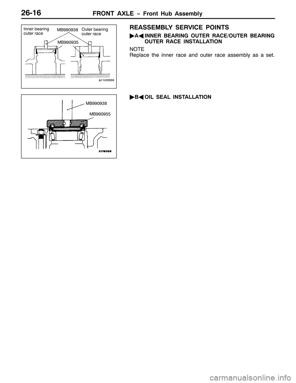 MITSUBISHI PAJERO SPORT 1998  Workshop Manual )5217 $;/( ï)URQW +XE $VVHPEO\59049
5($66(0%/< 6(59,&( 32,176
ò
$*
,11(5 %($5,1* 287(5 5$&(2287(5 %($5,1*
287(5 5$&( ,167$//$7,21
127(
5HSODFH WKH LQQHU UDFH DQG RXWHU UDFH DVVHPEO\ DV D VHW1
ò
%*
