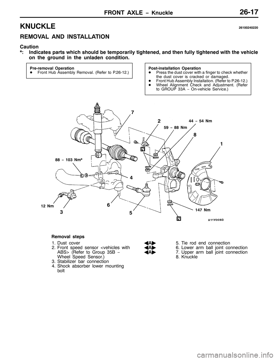 MITSUBISHI PAJERO SPORT 1998  Workshop Manual )5217 $;/( ï.QXFNOH5904:
.18&./(59433573553
5(029$/ $1 ,167$//$7,21
&DXWLRQ
-=,QGLFDWHV SDUWV ZKLFK VKRXOG EH WHPSRUDULO\ WLJKWHQHG/DQG WKHQ IXOO\ WLJKWHQHG ZLWK WKH YHKLFOH
RQ WKH JURXQG LQ WKH XQO