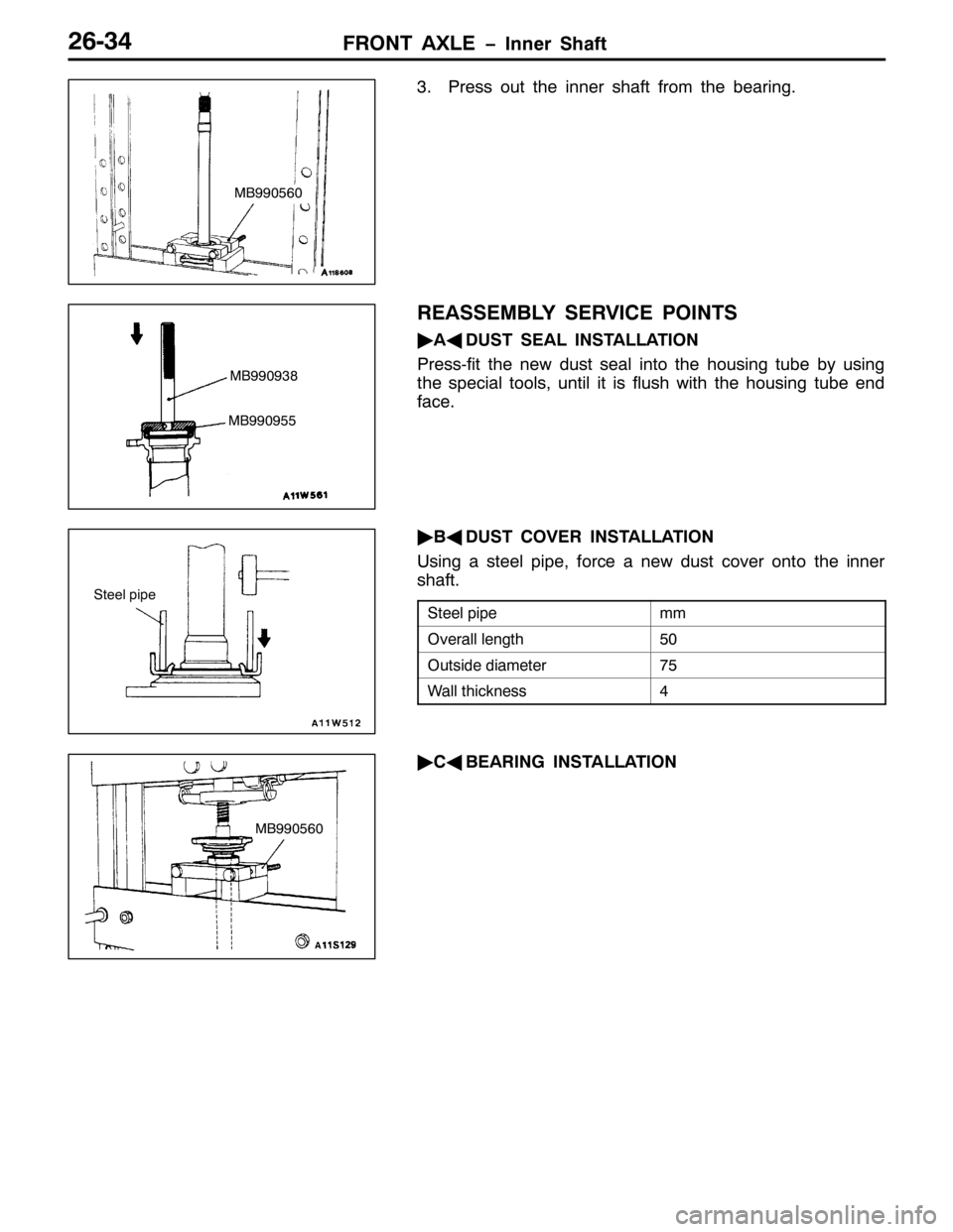 MITSUBISHI PAJERO SPORT 1998  Workshop Manual )5217 $;/( ï,QQHU 6KDIW59067
613UHVV RXW WKH LQQHU VKDIW IURP WKH EHDULQJ1
5($66(0%/< 6(59,&( 32,176
ò
$*
867 6($/ ,167$//$7,21
3UHVV0ILW WKH QHZ GXVW VHDO LQWR WKH KRXVLQJ WXEH E\ XVLQJ
WKH VSHFLD