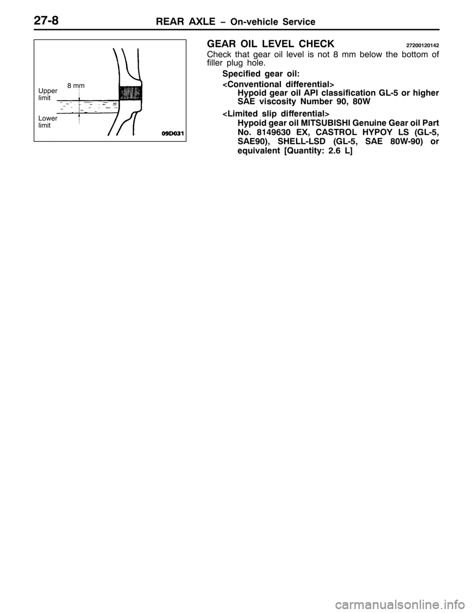 MITSUBISHI PAJERO SPORT 1998 Workshop Manual 5($5 $;/( ï2Q0YHKLFOH 6HUYLFH5:0;
*($5 2,/ /(9(/ &+(&.5:533453475
&KHFN WKDW JHDU RLO OHYHO LV QRW;PP EHORZ WKH ERWWRP RI
ILOOHU SOXJ KROH1
6SHFLILHG JHDU RLO=
?&RQYHQWLRQDO GLIIHUHQWLDO!
+\SRLG JHDU MITSUBISHI PAJERO SPORT 1998 Workshop Manual 5($5 $;/( ï2Q0YHKLFOH 6HUYLFH5:0;
*($5 2,/ /(9(/ &+(&.5:533453475
&KHFN WKDW JHDU RLO OHYHO LV QRW;PP EHORZ WKH ERWWRP RI
ILOOHU SOXJ KROH1
6SHFLILHG JHDU RLO=
?&RQYHQWLRQDO GLIIHUHQWLDO!
+\SRLG JHDU