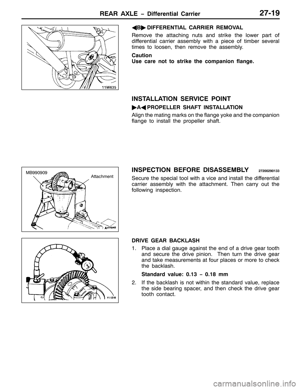 MITSUBISHI PAJERO SPORT 1998 Workshop Manual 5($5 $;/( ïLIIHUHQWLDO &DUULHU5:04<
*
%ò
,))(5(17,$/ &$55,(5 5(029$/
5HPRYH WKH DWWDFKLQJ QXWV DQG VWULNH WKH ORZHU SDUW RI
GLIIHUHQWLDO FDUULHU DVVHPEO\ ZLWK D SLHFH RI WLPEHU VHYHUDO
WLPHV WR OR MITSUBISHI PAJERO SPORT 1998 Workshop Manual 5($5 $;/( ïLIIHUHQWLDO &DUULHU5:04<
*
%ò
,))(5(17,$/ &$55,(5 5(029$/
5HPRYH WKH DWWDFKLQJ QXWV DQG VWULNH WKH ORZHU SDUW RI
GLIIHUHQWLDO FDUULHU DVVHPEO\ ZLWK D SLHFH RI WLPEHU VHYHUDO
WLPHV WR OR