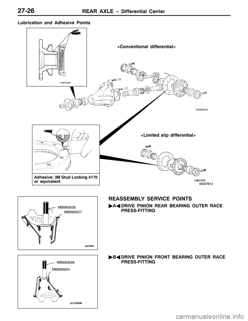 MITSUBISHI PAJERO SPORT 1998 Workshop Manual 5($5 $;/( ïLIIHUHQWLDO &DUULHU5:059
/XEULFDWLRQ DQG $GKHVLYH 3RLQWV
?&RQYHQWLRQDO GLIIHUHQWLDO!
?/LPLWHG VOLS GLIIHUHQWLDO!
$GKHVLYH=60 6WXG /RFNLQJ74:3
RU HTXLYDOHQW
5($66(0%/< 6(59,&( 32,176
ò
$* MITSUBISHI PAJERO SPORT 1998 Workshop Manual 5($5 $;/( ïLIIHUHQWLDO &DUULHU5:059
/XEULFDWLRQ DQG $GKHVLYH 3RLQWV
?&RQYHQWLRQDO GLIIHUHQWLDO!
?/LPLWHG VOLS GLIIHUHQWLDO!
$GKHVLYH=60 6WXG /RFNLQJ74:3
RU HTXLYDOHQW
5($66(0%/< 6(59,&( 32,176
ò
$*