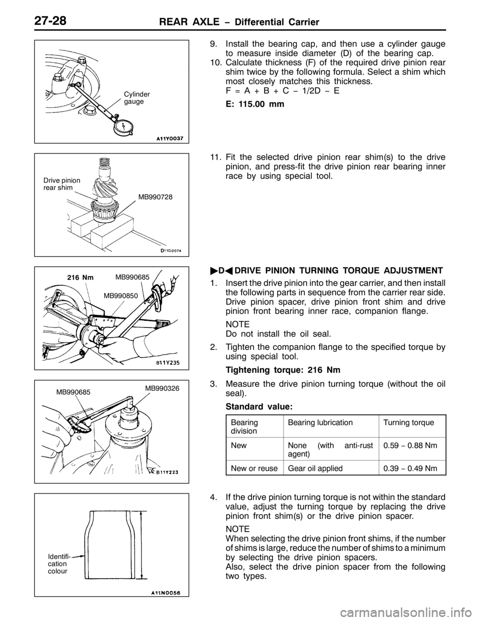 MITSUBISHI PAJERO SPORT 1998 Workshop Manual 5($5 $;/( ïLIIHUHQWLDO &DUULHU5:05;
<1,QVWDOO WKH EHDULQJ FDS/DQG WKHQ XVH D F\OLQGHU JDXJH
WR PHDVXUH LQVLGH GLDPHWHU+,RI WKH EHDULQJ FDS1
431&DOFXODWH WKLFNQHVV+),RI WKH UHTXLUHG GULYH SLQLRQ UHD MITSUBISHI PAJERO SPORT 1998 Workshop Manual 5($5 $;/( ïLIIHUHQWLDO &DUULHU5:05;
<1,QVWDOO WKH EHDULQJ FDS/DQG WKHQ XVH D F\OLQGHU JDXJH
WR PHDVXUH LQVLGH GLDPHWHU+,RI WKH EHDULQJ FDS1
431&DOFXODWH WKLFNQHVV+),RI WKH UHTXLUHG GULYH SLQLRQ UHD