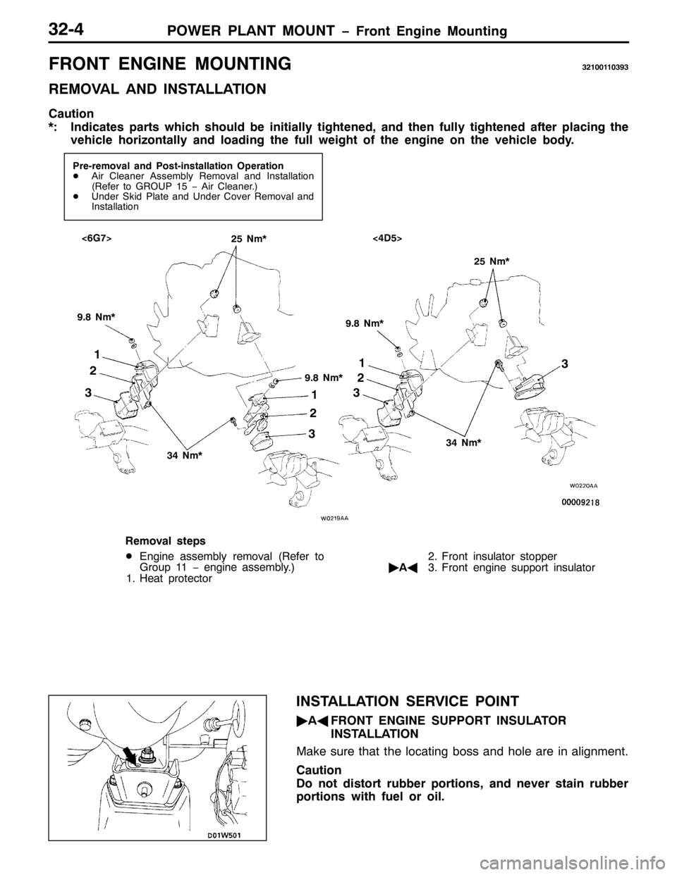 MITSUBISHI PAJERO SPORT 1998  Workshop Manual 32:(5 3/$17 02817 ï)URQW (QJLQH 0RXQWLQJ6507
)5217 (1*,1( 02817,1*654334436<6
5(029$/ $1 ,167$//$7,21
&DXWLRQ
-=,QGLFDWHV SDUWV ZKLFK VKRXOG EH LQLWLDOO\ WLJKWHQHG/DQG WKHQ IXOO\ WLJKWHQHG DIWHU SOD