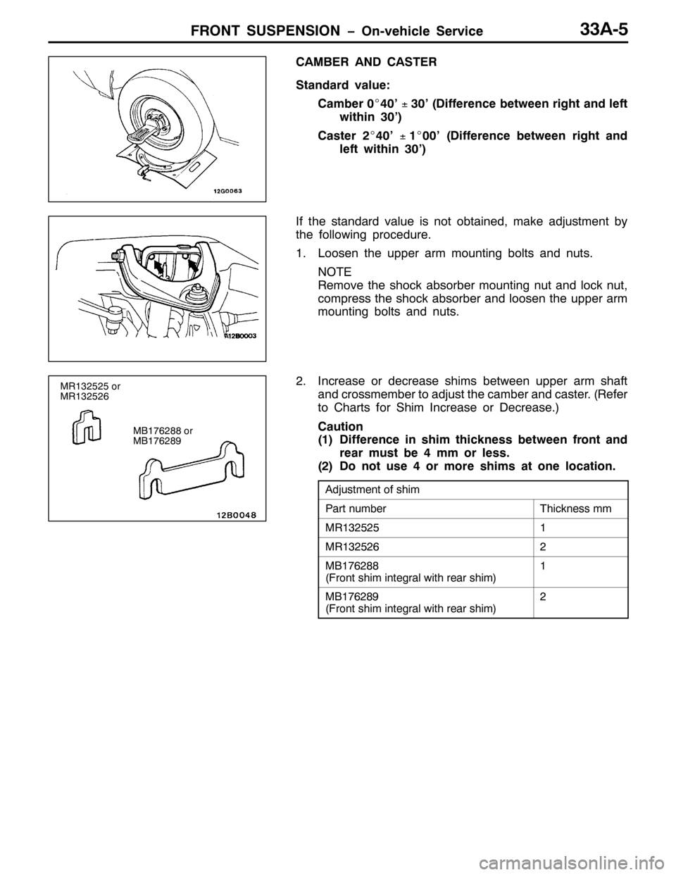 MITSUBISHI PAJERO SPORT 1998  Workshop Manual )5217 6863(16,21 ï2Q0YHKLFOH 6HUYLFH66$08
&$0%(5 $1 &$67(5
6WDQGDUG YDOXH=
&DPEHU3E
73·
r63·+LIIHUHQFH EHWZHHQ ULJKW DQG OHIW
ZLWKLQ63·,
&DVWHU5E
73·
r4E
33·+LIIHUHQFH EHWZHHQ ULJKW DQG
OHIW 