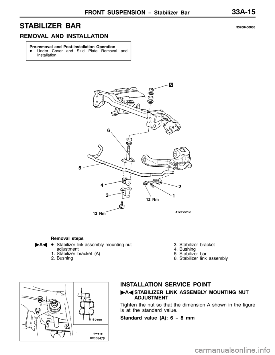 MITSUBISHI PAJERO SPORT 1998  Workshop Manual )5217 6863(16,21 ï6WDELOL]HU %DU66$048
67$%,/,=(5 %$566533733396
5(029$/ $1 ,167$//$7,21
3UH0UHPRYDO DQG 3RVW0LQVWDOODWLRQ 2SHUDWLRQ
-8QGHU &RYHU DQG 6NLG 3ODWH 5HPRYDO DQG
,QVWDOODWLRQ
9
8
7
65
451