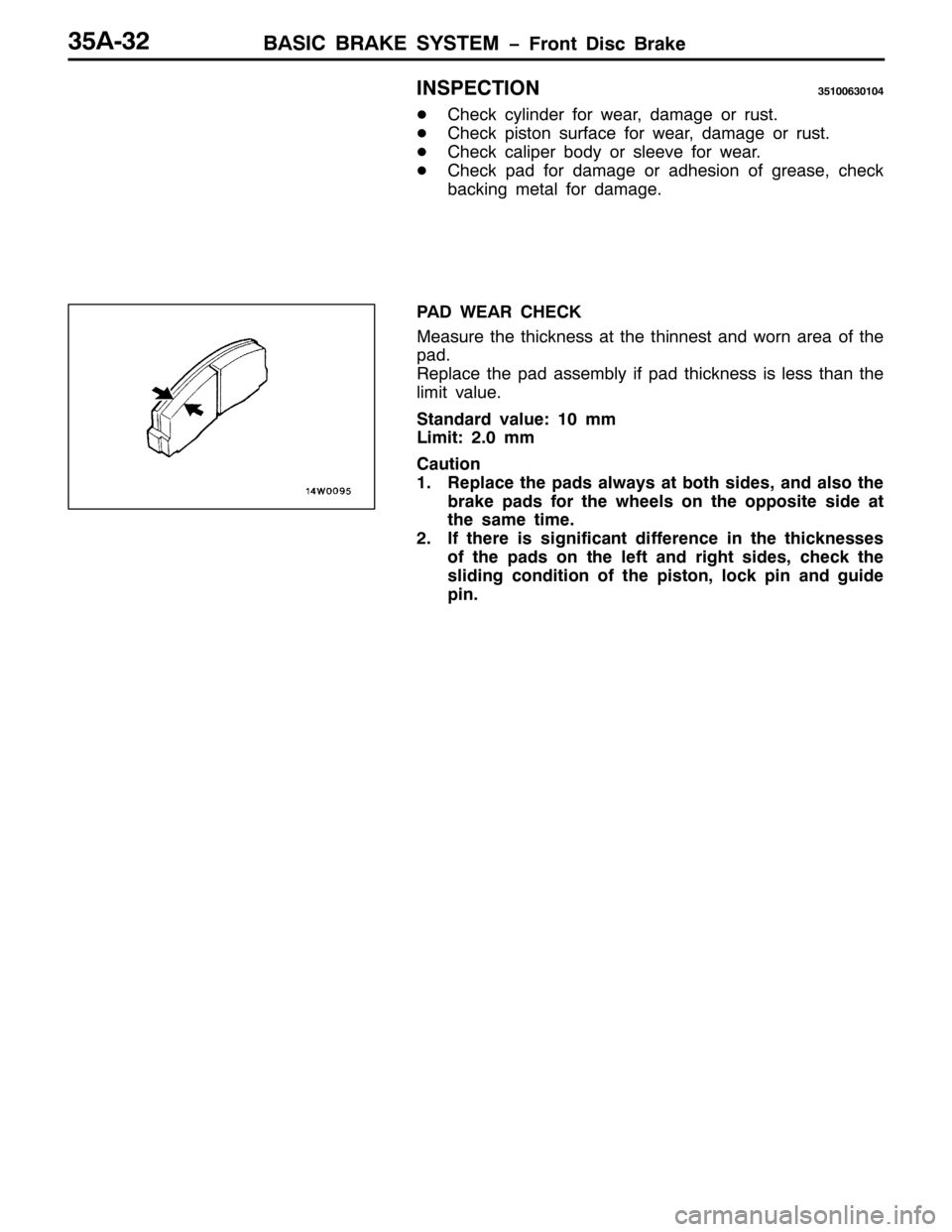 MITSUBISHI PAJERO SPORT 1998  Workshop Manual %$6,& %5$.( 6<67(0 ï)URQW LVF %UDNH68$065
,163(&7,2168433963437
-&KHFN F\OLQGHU IRU ZHDU/GDPDJH RU UXVW1
-&KHFN SLVWRQ VXUIDFH IRU ZHDU/GDPDJH RU UXVW1
-&KHFN FDOLSHU ERG\ RU VOHHYH IRU ZHDU1
-&KHFN