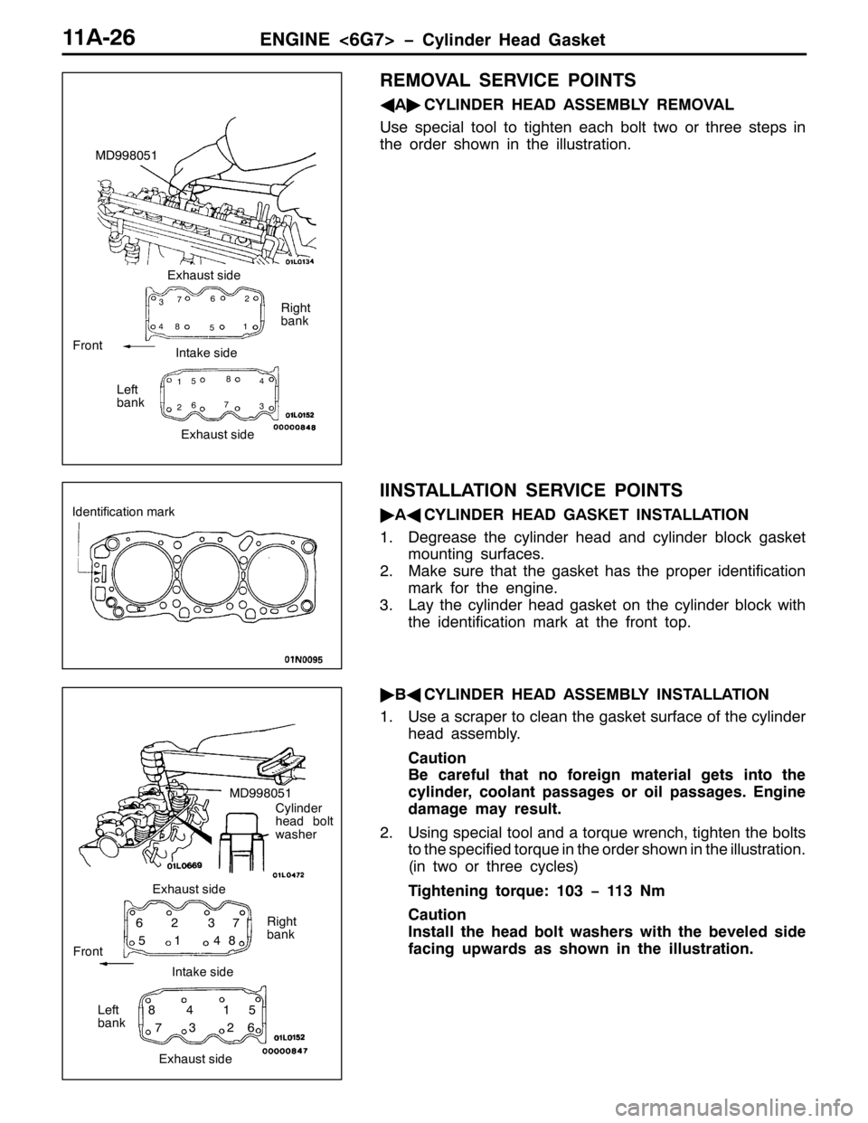 MITSUBISHI PAJERO SPORT 1998 Repair Manual (1*,1(?9*:!ï&\OLQGHU +HDG *DVNHW44$059
5(029$/ 6(59,&( 32,176
*
$ò
&</,1(5 +($ $66(0%/< 5(029$/
8VH VSHFLDO WRRO WR WLJKWHQ HDFK EROW WZR RU WKUHH VWHSV LQ
WKH RUGHU VKRZQ LQ WKH LOOXVWUDWLRQ1
,,1 MITSUBISHI PAJERO SPORT 1998 Repair Manual (1*,1(?9*:!ï&\OLQGHU +HDG *DVNHW44$059
5(029$/ 6(59,&( 32,176
*
$ò
&</,1(5 +($ $66(0%/< 5(029$/
8VH VSHFLDO WRRO WR WLJKWHQ HDFK EROW WZR RU WKUHH VWHSV LQ
WKH RUGHU VKRZQ LQ WKH LOOXVWUDWLRQ1
,,1