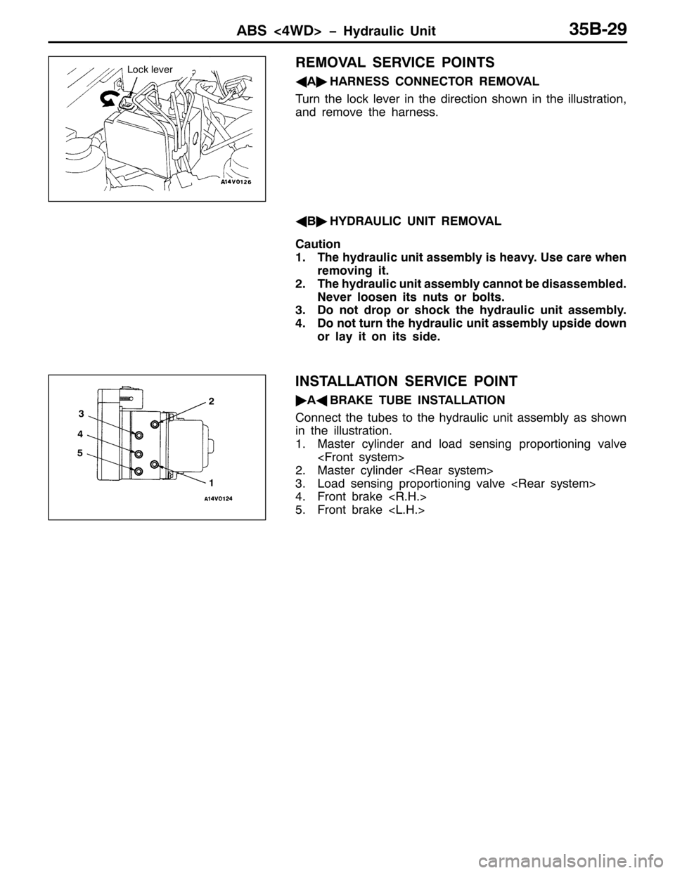 MITSUBISHI PAJERO SPORT 1998  Workshop Manual $%6?7:! ï+\GUDXOLF 8QLW68%05<
5(029$/ 6(59,&( 32,176
*
$ò
+$51(66 &211(&725 5(029$/
7XUQ WKH ORFN OHYHU LQ WKH GLUHFWLRQ VKRZQ LQ WKH LOOXVWUDWLRQ/
DQG UHPRYH WKH KDUQHVV1
*
%ò
+<5$8/,& 81,7 5(02