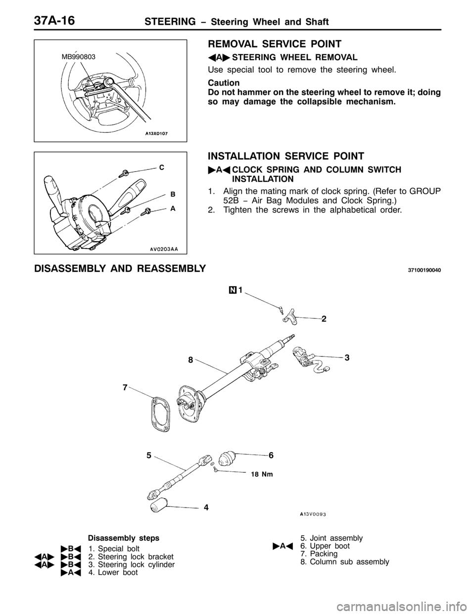 MITSUBISHI PAJERO SPORT 1998 Workshop Manual 67((5,1* ï6WHHULQJ :KHHO DQG 6KDIW6:$049
5(029$/ 6(59,&( 32,17
*
$ò
67((5,1* :+((/ 5(029$/
8VH VSHFLDO WRRO WR UHPRYH WKH VWHHULQJ ZKHHO1
&DXWLRQ
R QRW KDPPHU RQ WKH VWHHULQJ ZKHHO WR UHPRYH LW>GRL MITSUBISHI PAJERO SPORT 1998 Workshop Manual 67((5,1* ï6WHHULQJ :KHHO DQG 6KDIW6:$049
5(029$/ 6(59,&( 32,17
*
$ò
67((5,1* :+((/ 5(029$/
8VH VSHFLDO WRRO WR UHPRYH WKH VWHHULQJ ZKHHO1
&DXWLRQ
R QRW KDPPHU RQ WKH VWHHULQJ ZKHHO WR UHPRYH LW>GRL