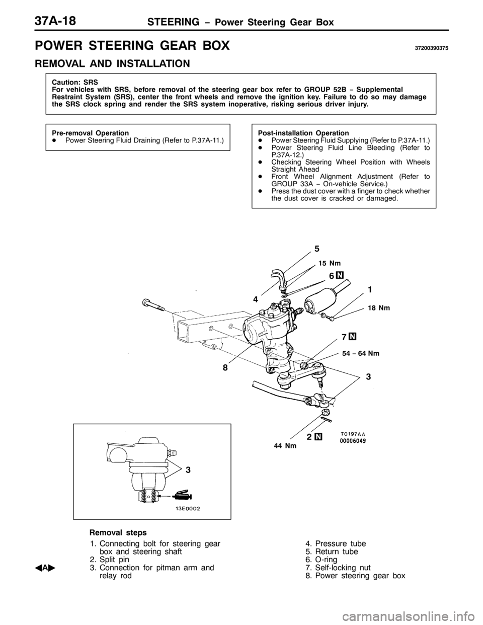 MITSUBISHI PAJERO SPORT 1998  Workshop Manual 67((5,1* ï3RZHU 6WHHULQJ *HDU %R[6:$04;
32:(5 67((5,1* *($5 %2;6:5336<36:8
5(029$/ $1 ,167$//$7,21
&DXWLRQ=656
)RU YHKLFOHV ZLWK 656/EHIRUH UHPRYDO RI WKH VWHHULQJ JHDU ER[ UHIHU WR *528385% ï 6XSS