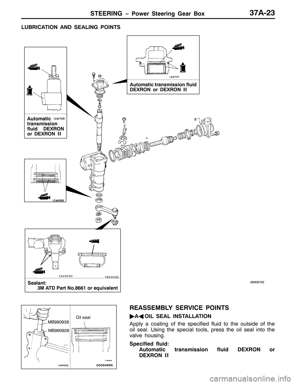 MITSUBISHI PAJERO SPORT 1998  Workshop Manual 67((5,1* ï3RZHU 6WHHULQJ *HDU %R[6:$056
/8%5,&$7,21 $1 6($/,1* 32,176
$XWRPDWLF
WUDQVPLVVLRQ
IOXLG (;521
RU (;521,,
$XWRPDWLF WUDQVPLVVLRQ IOXLG
(;521 RU (;521,,
6HDODQW=
60 $7 3DUW 1R1;994RU H