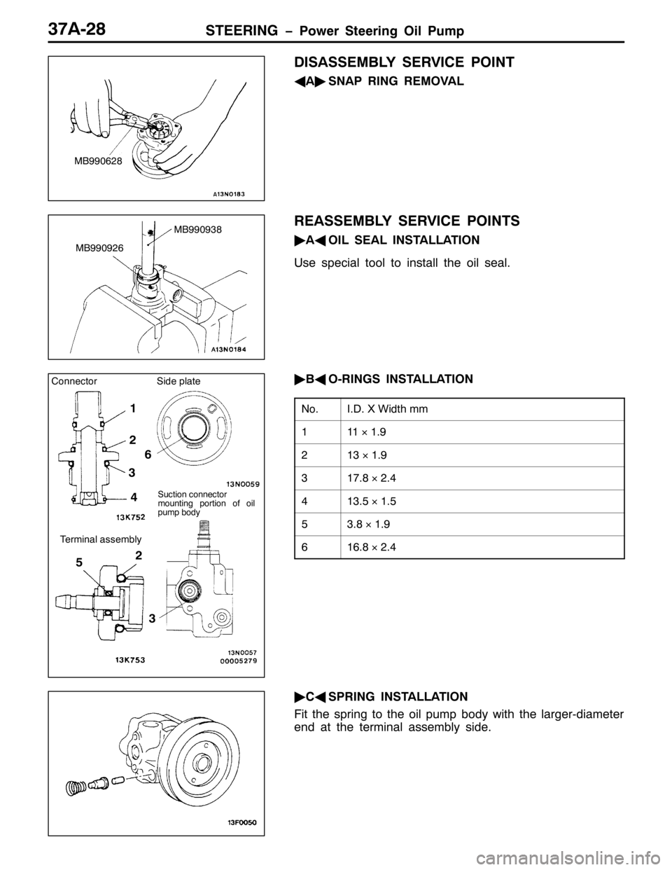 MITSUBISHI PAJERO SPORT 1998  Workshop Manual 67((5,1* ï3RZHU 6WHHULQJ 2LO 3XPS6:$05;
,6$66(0%/< 6(59,&( 32,17
*
$ò
61$3 5,1* 5(029$/
5($66(0%/< 6(59,&( 32,176
ò
$*
2,/ 6($/ ,167$//$7,21
8VH VSHFLDO WRRO WR LQVWDOO WKH RLO VHDO1
ò
%*
205,1*6