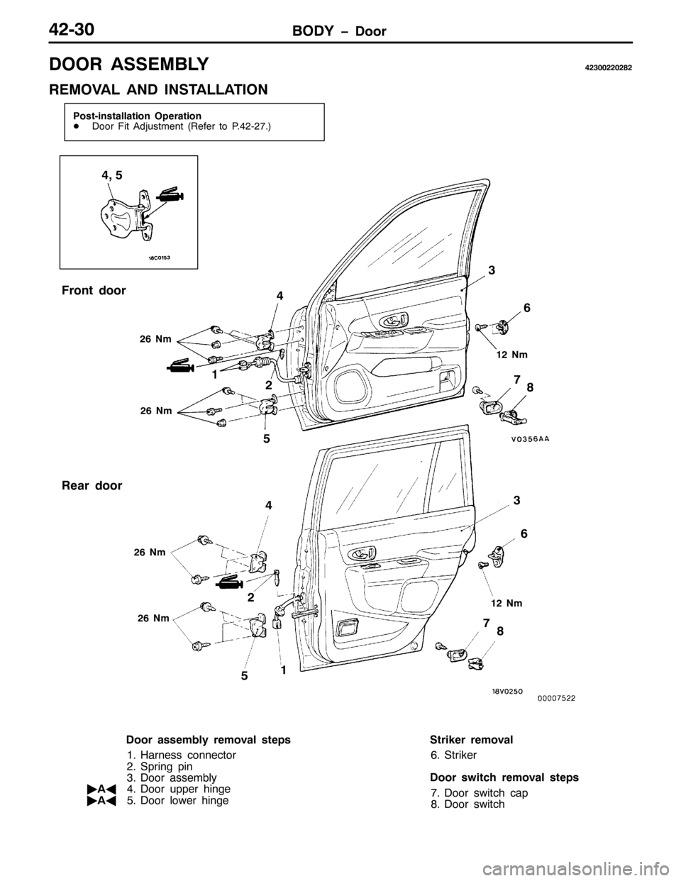 MITSUBISHI PAJERO SPORT 1998  Workshop Manual %2< ïRRU75063
225 $66(0%/<756335535;5
5(029$/ $1 ,167$//$7,21
3RVW0LQVWDOODWLRQ 2SHUDWLRQ
-RRU )LW $GMXVWPHQW+5HIHU WR 317505:1,
)URQW GRRU
451P
5HDU GRRU7/ 8
99
:
; 6
6
: 4
4 77
5
58
8
591P
;
5