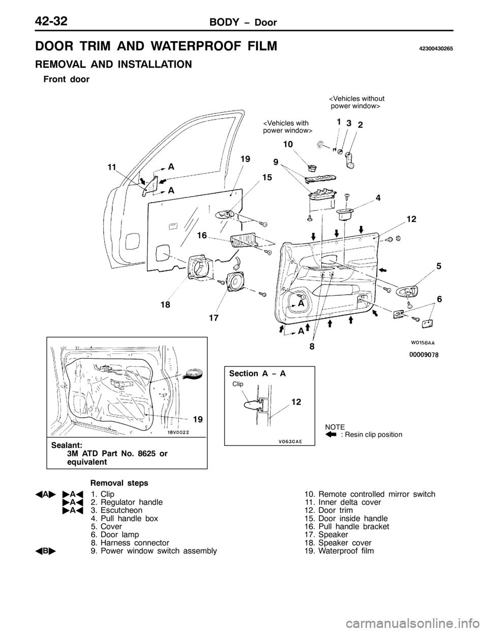 MITSUBISHI PAJERO SPORT 1998  Workshop Manual %2< ïRRU75065
225 75,0 $1 :$7(53522) ),/075633763598
5(029$/ $1 ,167$//$7,21
)URQW GRRU
127(
=5HVLQ FOLS SRVLWLRQ
6HDODQW=
60 $7 3DUW 1R1 ;958RU
HTXLYDOHQW
6HFWLRQ $ ï $
&OLS
?9HKLFOHV ZLWKRXW